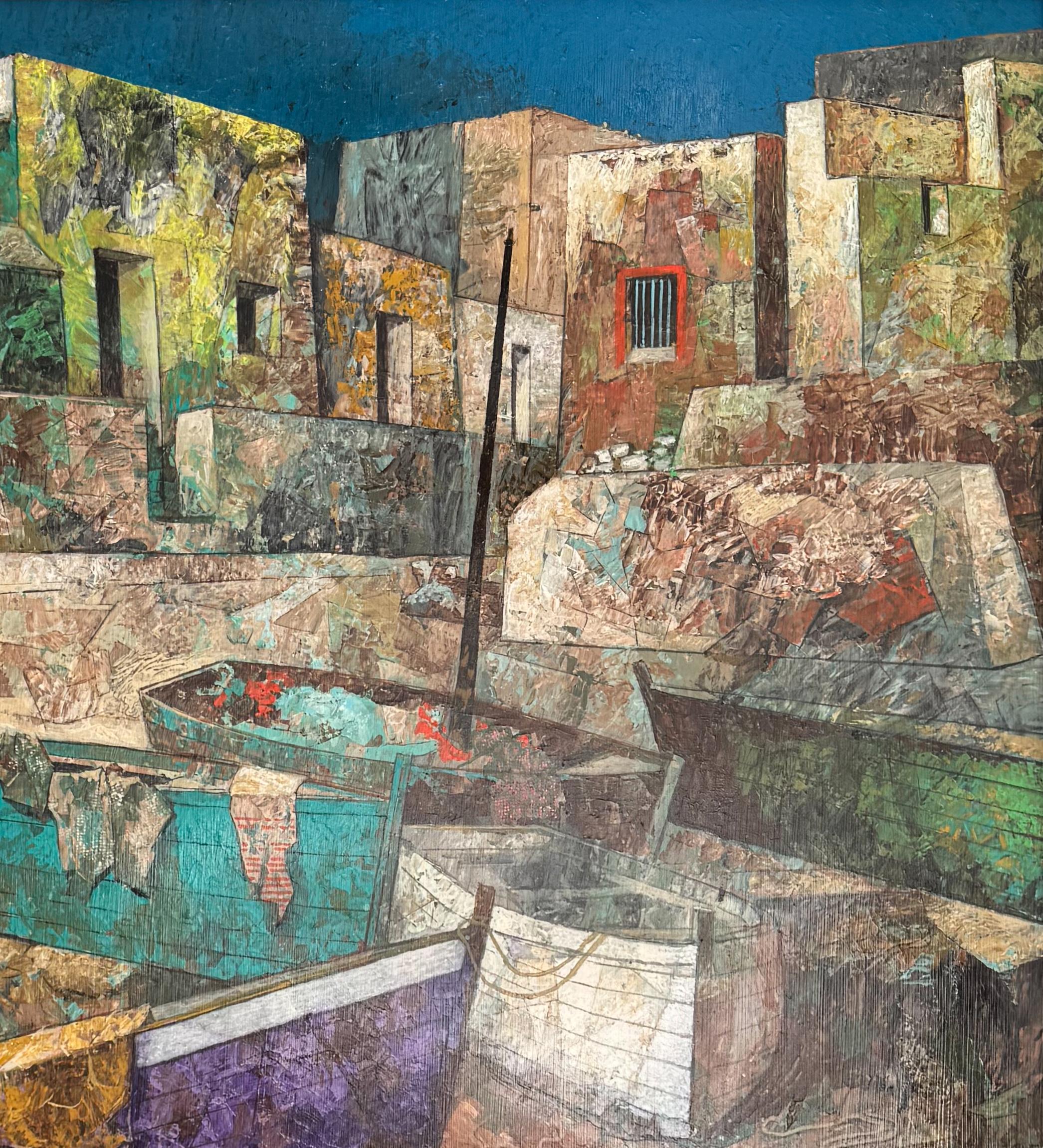 William C. Grauers Malaga Beach Setting präsentiert einen mediterranen Hafen als ein Mosaik aus Farben und Texturen. An einem steinigen Ufer liegen Boote, deren Rümpfe in den Farben Türkis, Violett und Weiß vor sonnengebleichten Mauern liegen, die