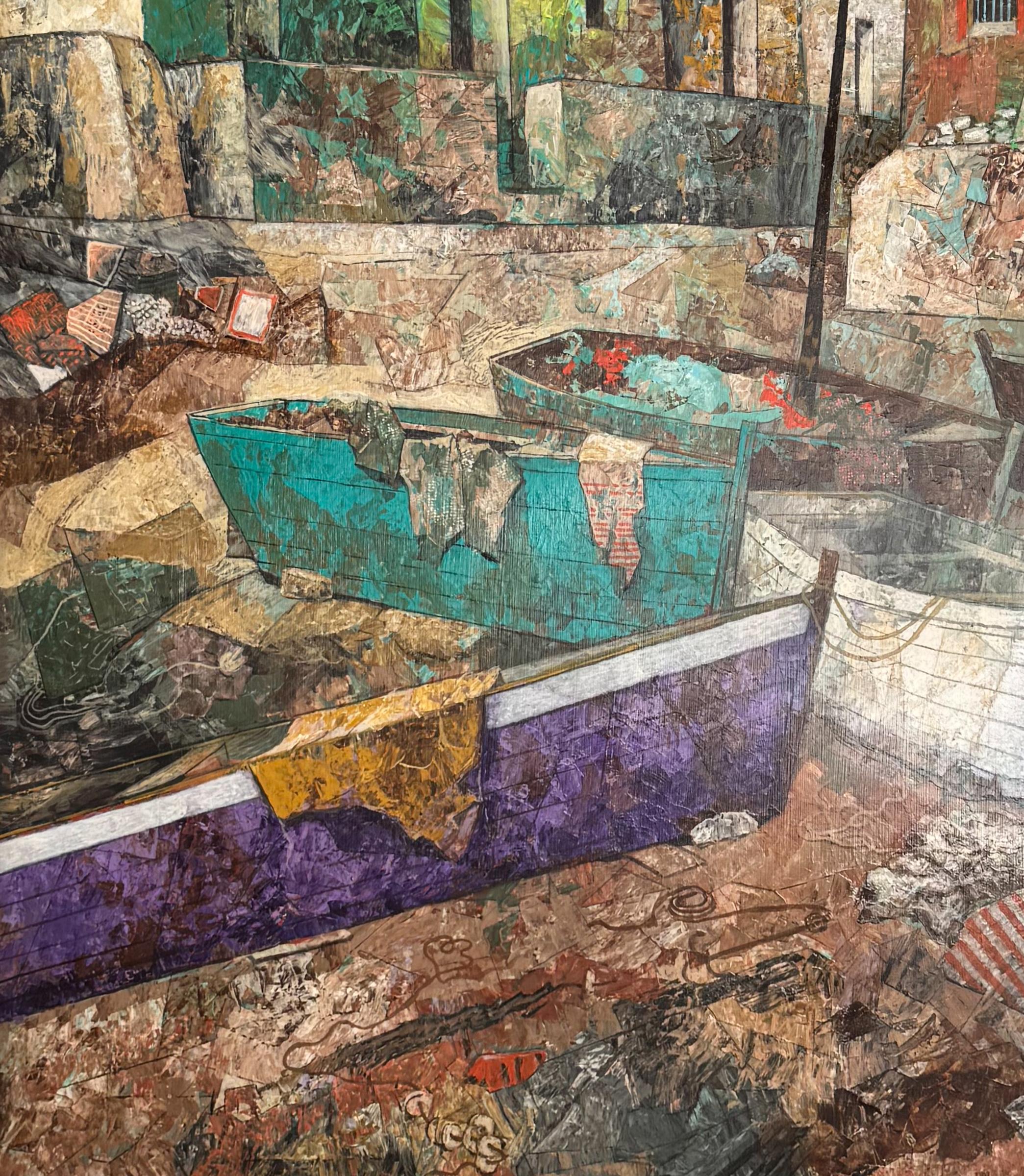 Malaga Beach Setting (Fischerdorf & Boote, Spanien) WILLIAM C GRAUER bunt im Angebot 1