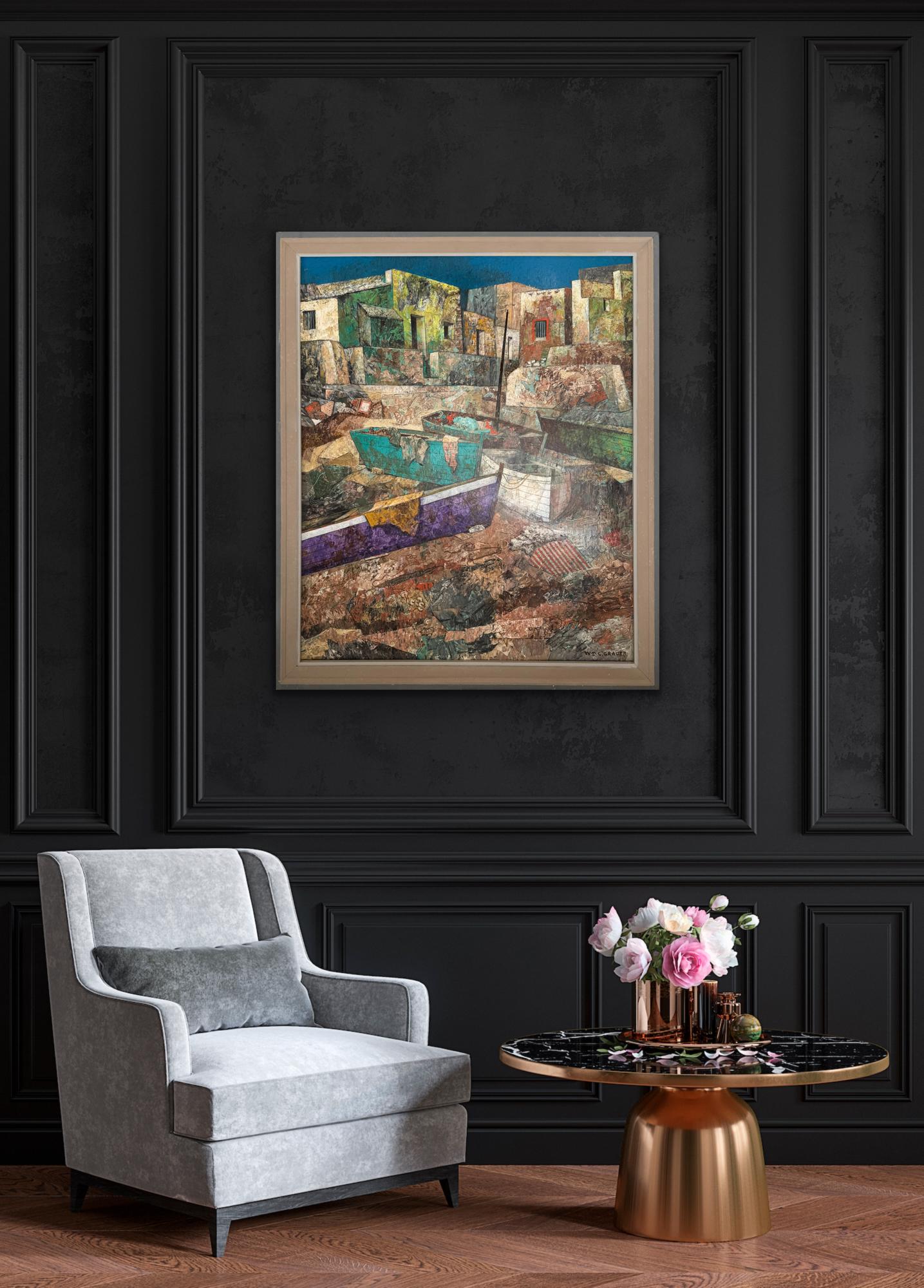 Malaga Beach Setting (Fischerdorf & Boote, Spanien) WILLIAM C GRAUER bunt im Angebot 3