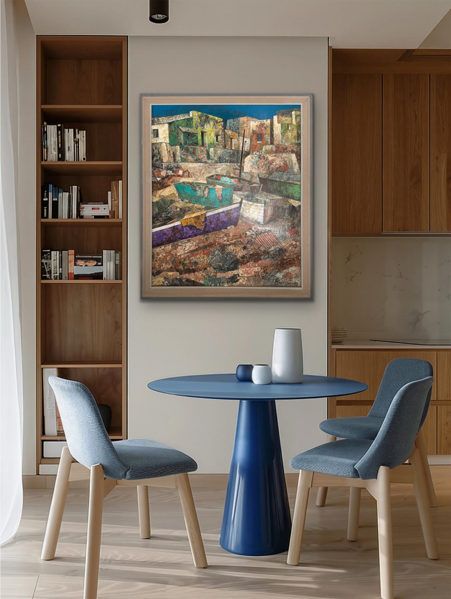 Malaga Beach Setting (Fischerdorf & Boote, Spanien) WILLIAM C GRAUER bunt im Angebot 4