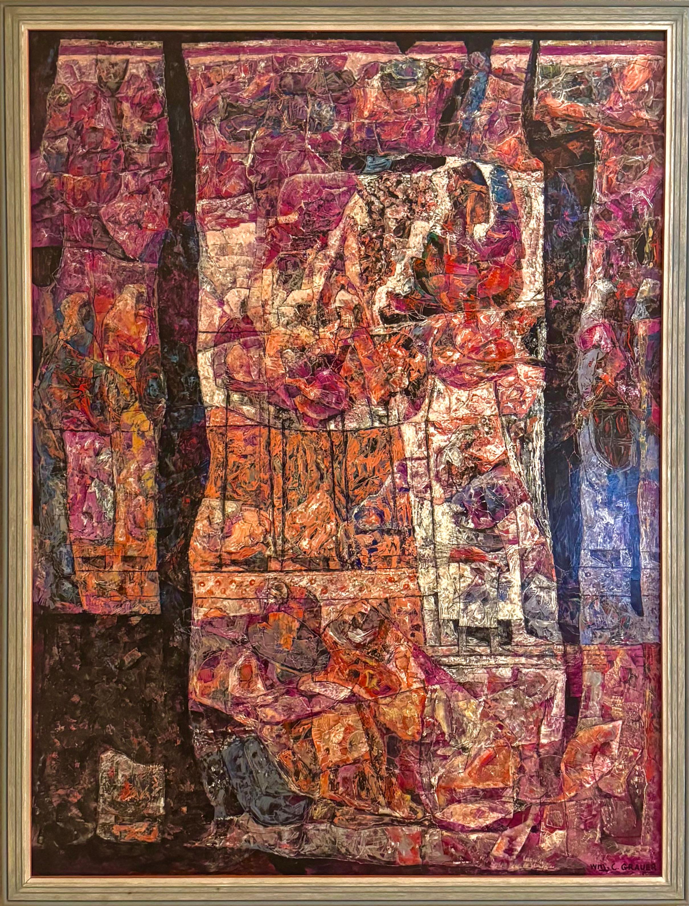 WILLIAM C GRAUER Abstract Archaeological Fresco colorful 1970s Cleveland School - Painting by William C. Grauer