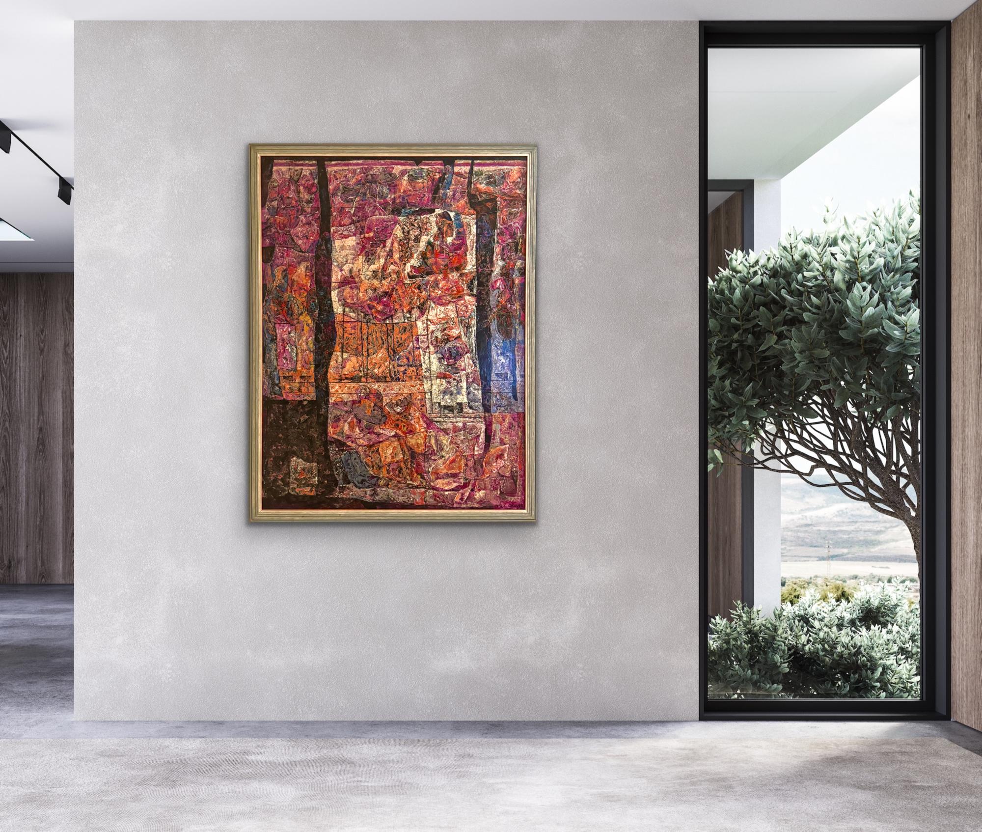 WILLIAM C GRAUER Abstract Archaeological Fresco colorful 1970s Cleveland School - Brown Landscape Painting by William C. Grauer