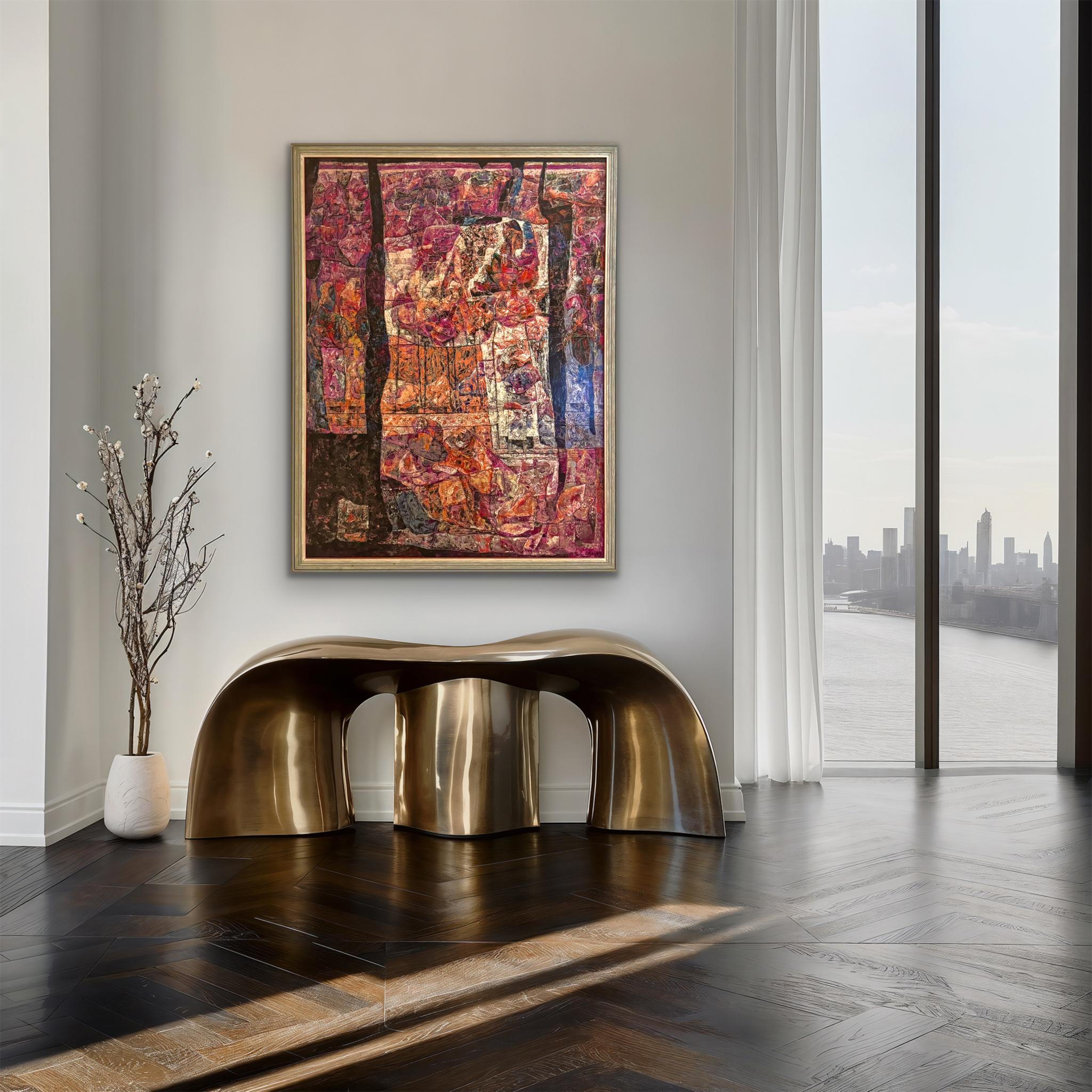 This powerful 1970s painting by William C. Grauer is executed in acrylic on panel at an impressive scale of 48 by 36 inches. The work immediately draws the viewer in with a glowing field of magenta, crimson and rust, punctuated by deep passages of