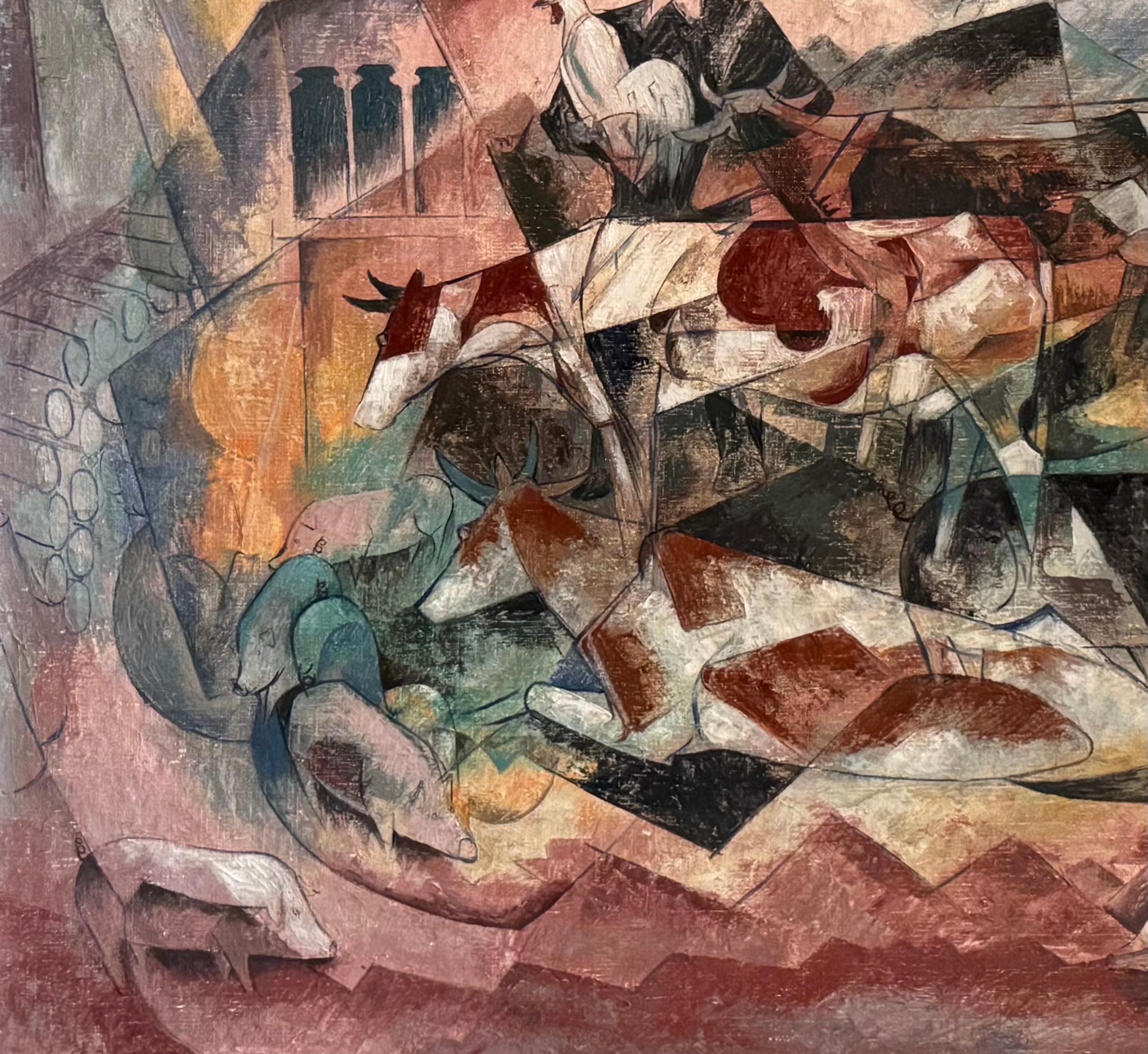 William C. Grauer’s oil painting, Amish Series: Husbandry, is a vivid example of mid century Cleveland School modernism. It merges regional subject matter with a sophisticated, Cubist influenced visual language. Painted in the late 1940s or early