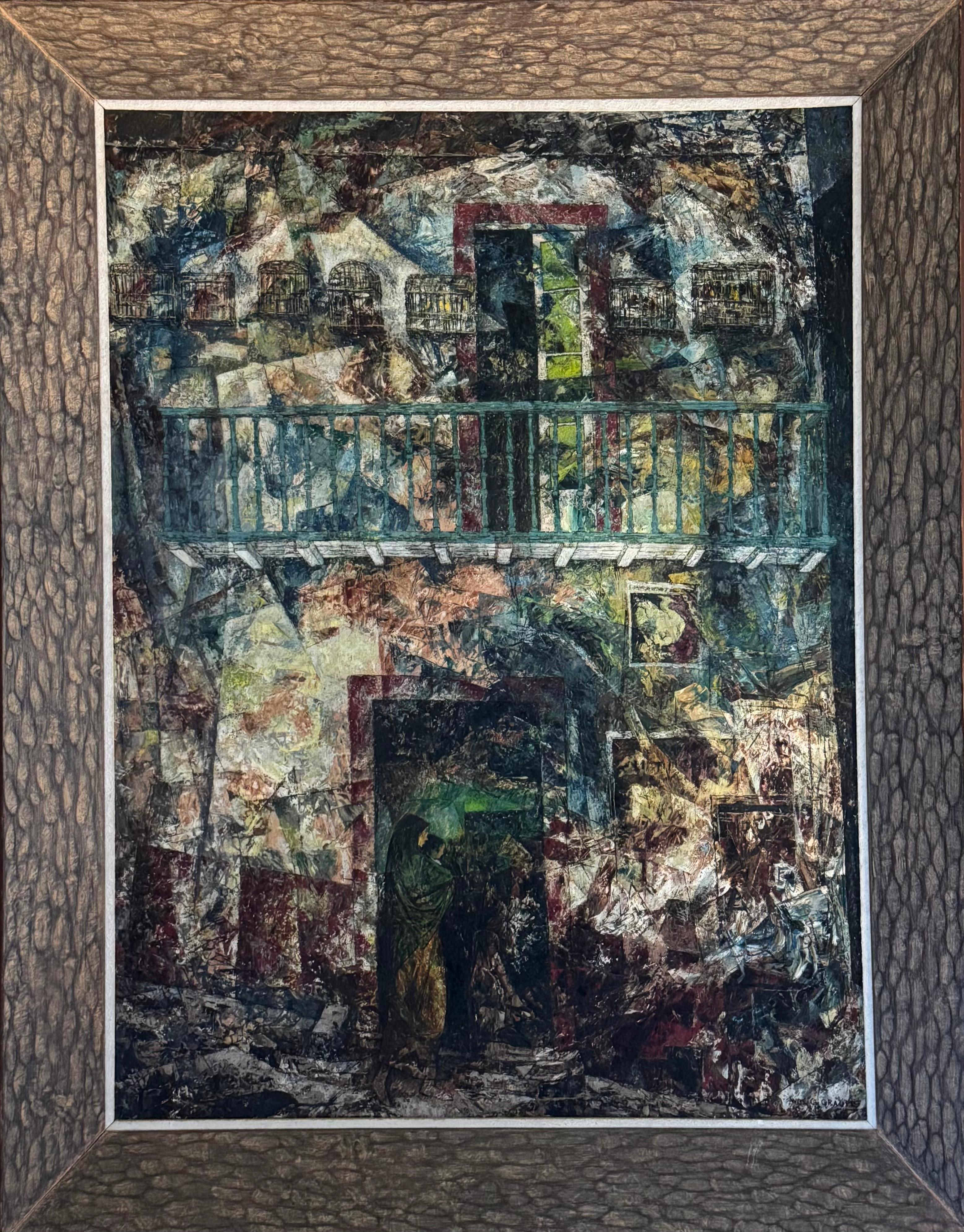 WILLIAM C. GRAUER Ohne Titel (Verhüllte Frau, Kind & Vogelkäfige) Acryl/Platte 1960er Jahre – Painting von William C. Grauer