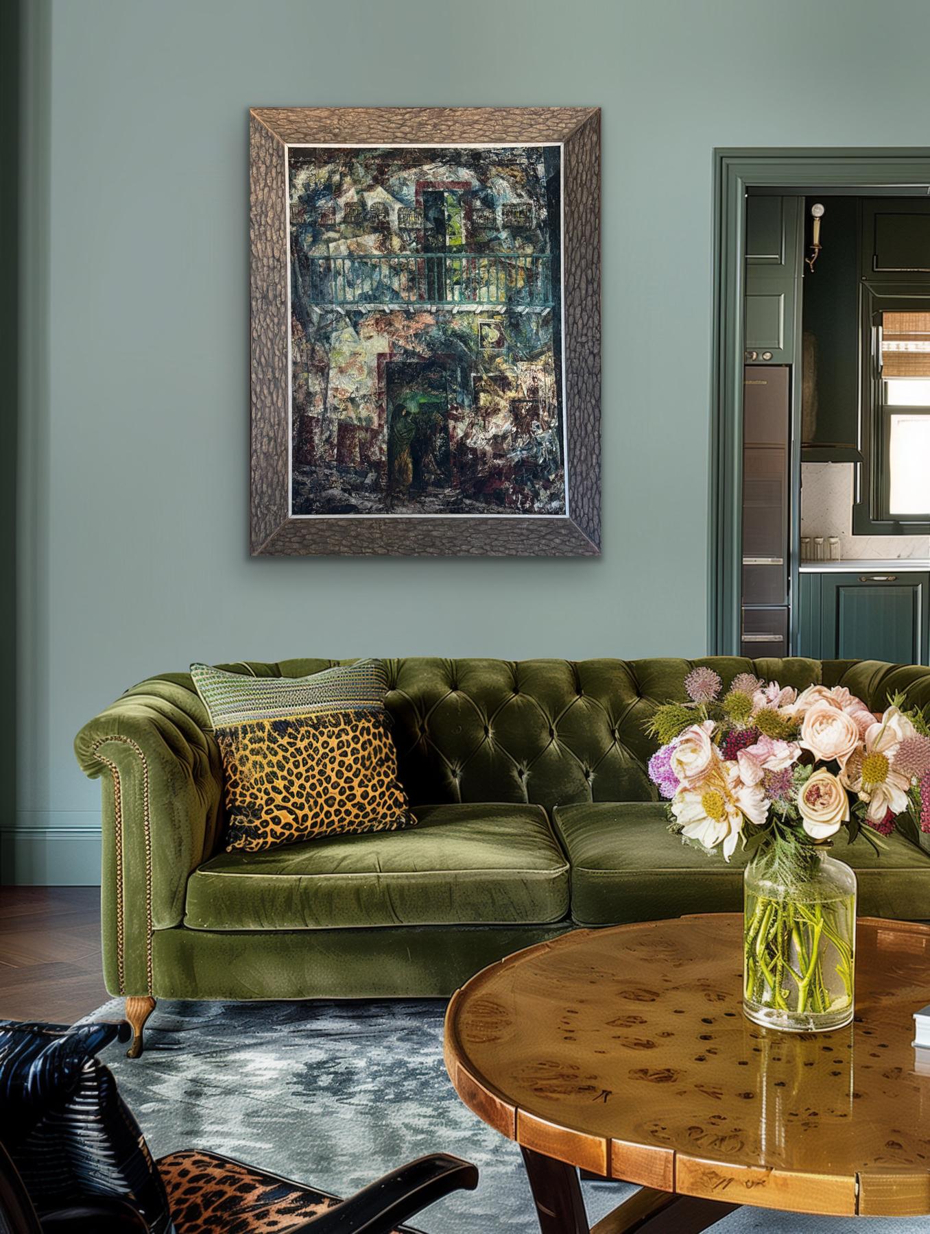 WILLIAM C. GRAUER Ohne Titel (Verhüllte Frau, Kind & Vogelkäfige) Acryl/Platte 1960er Jahre (Schwarz), Abstract Painting, von William C. Grauer