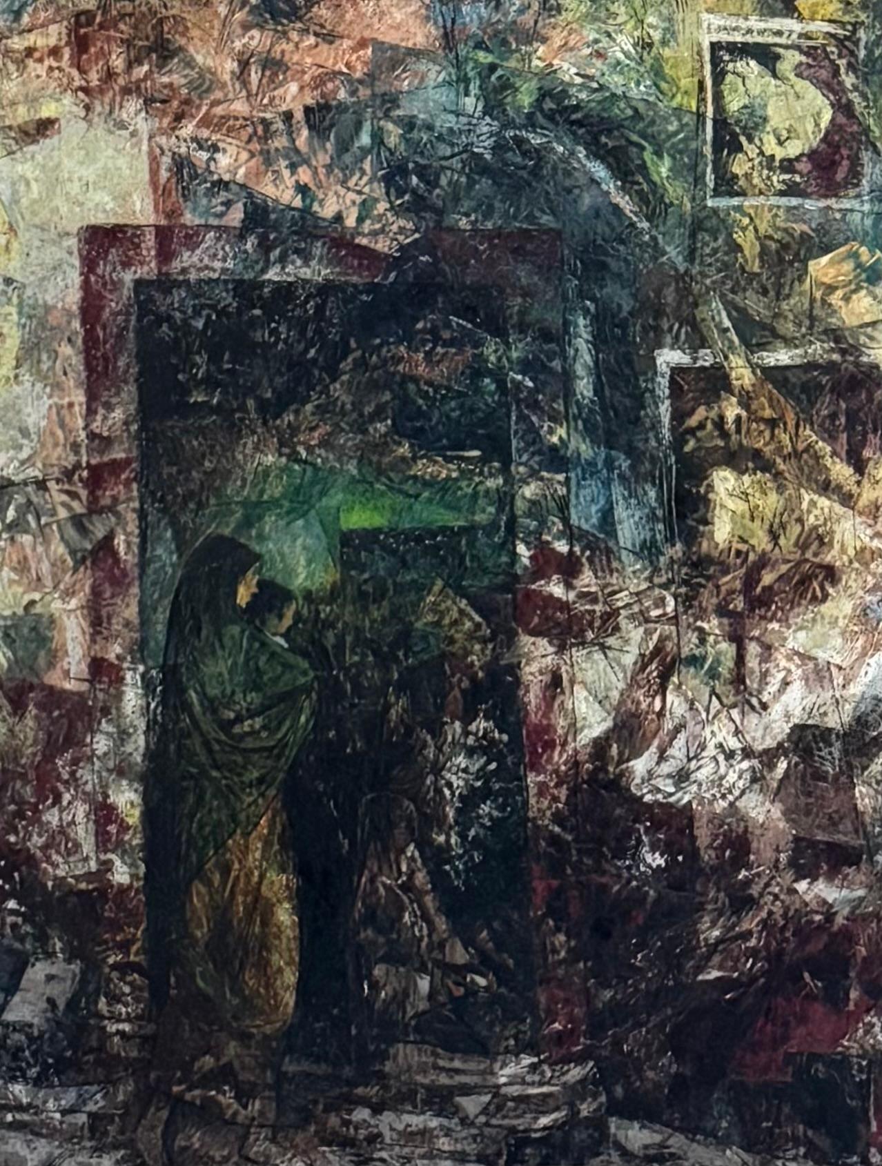 WILLIAM C. GRAUER Ohne Titel (Verhüllte Frau, Kind & Vogelkäfige) Acryl/Platte 1960er Jahre im Angebot 1