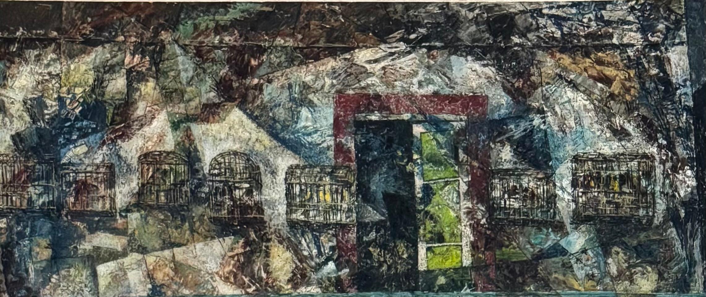 WILLIAM C. GRAUER Ohne Titel (Verhüllte Frau, Kind & Vogelkäfige) Acryl/Platte 1960er Jahre im Angebot 2