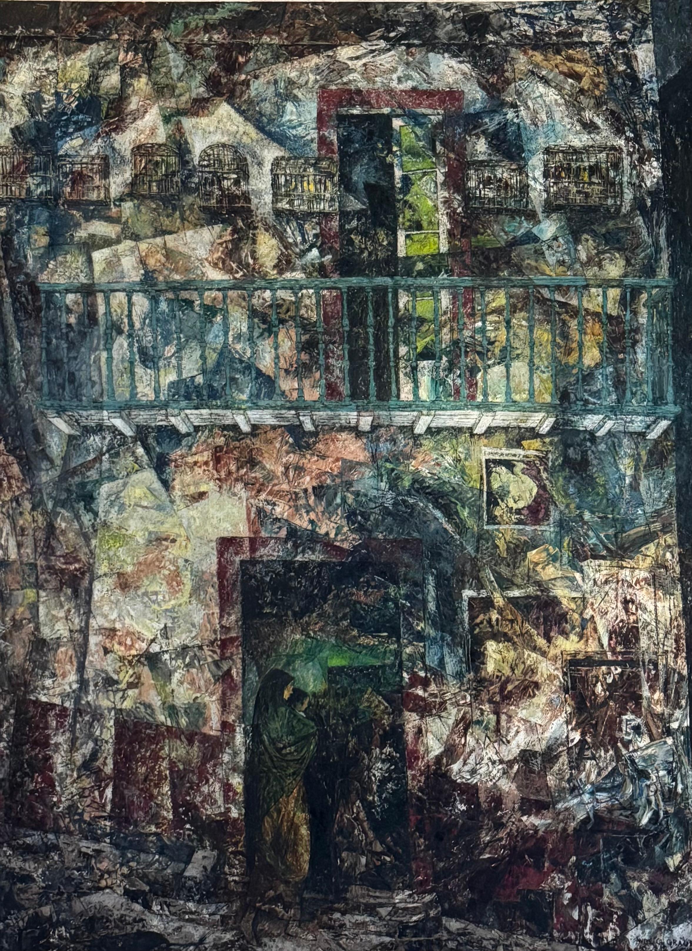 WILLIAM C GRAUER Cloaked Woman, child & Birdcages acrylic 1960s Cleveland School