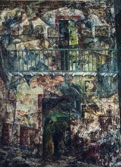 William C. Grauer Senza titolo (Donna ammantata, bambino e gabbie per uccelli) acrilico/pannello 1960