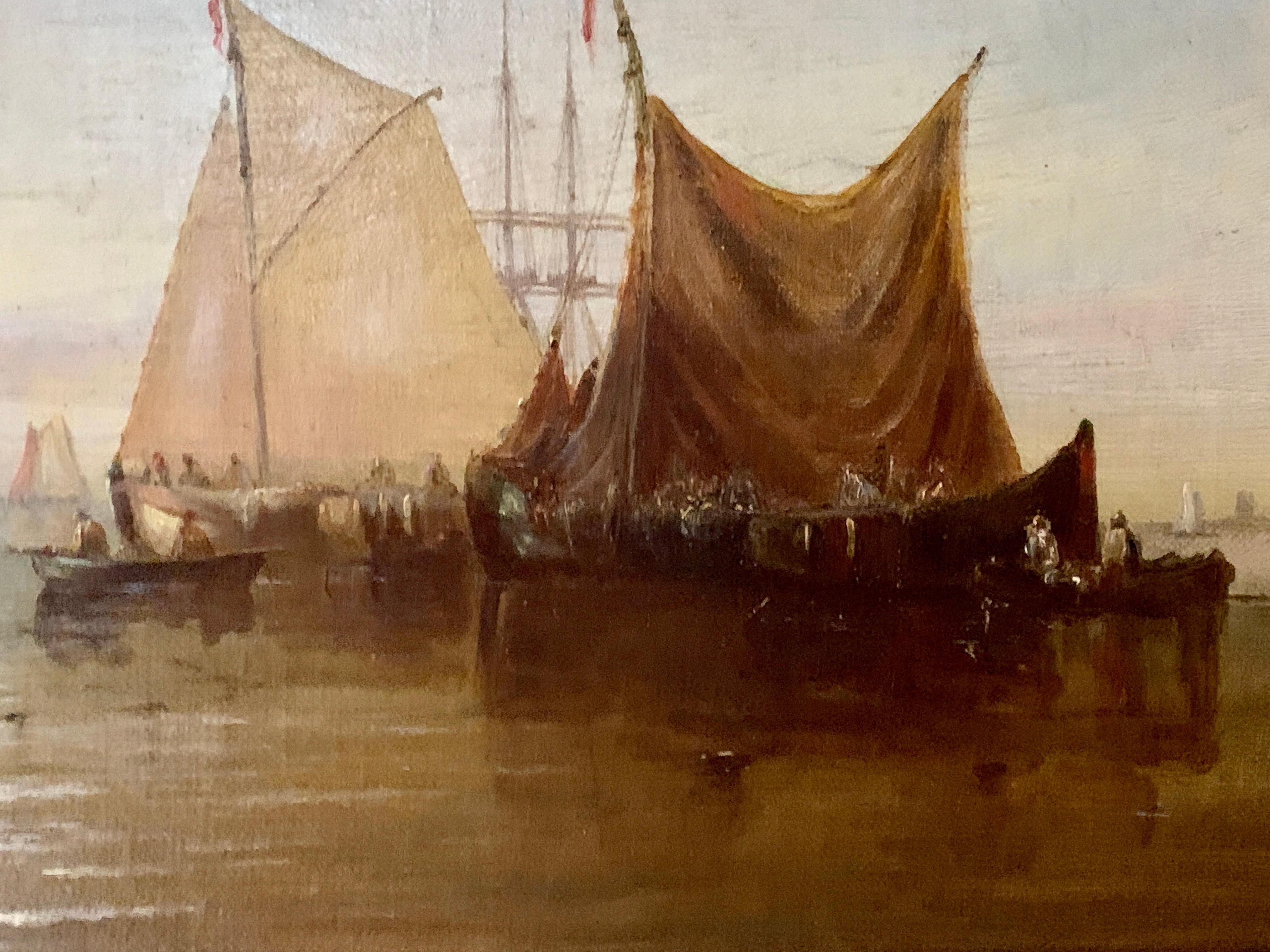 English 19th century Antique oil of fishing boats at rest with a Sunset,  - Painting by William Calcott Knell