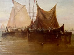 English 19th century Antique oil of fishing boats at rest with a Sunset,