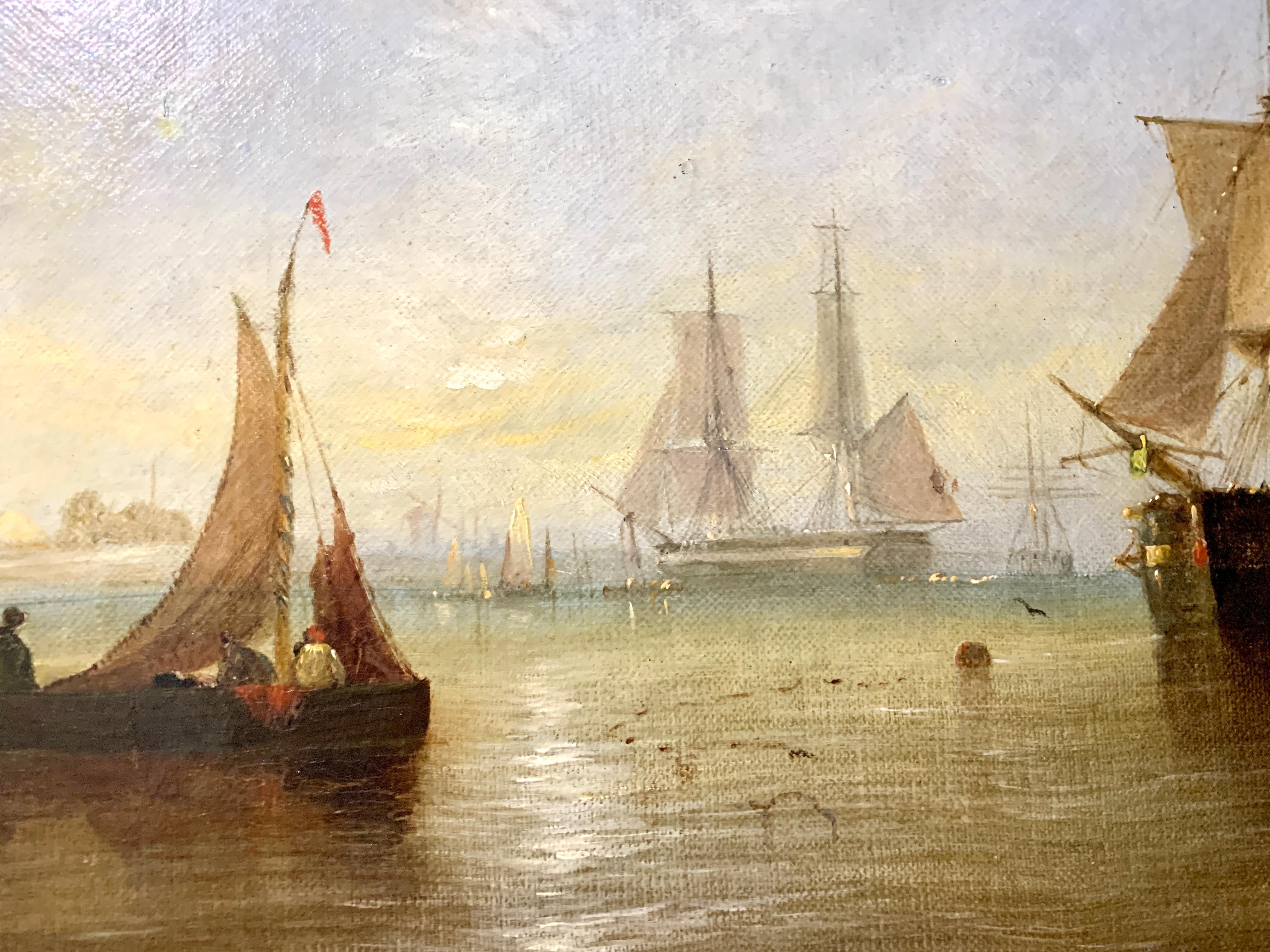 English 19th century Antique oil of fishing boats at rest with a Sunset,  - Beige Landscape Painting by William Calcott Knell