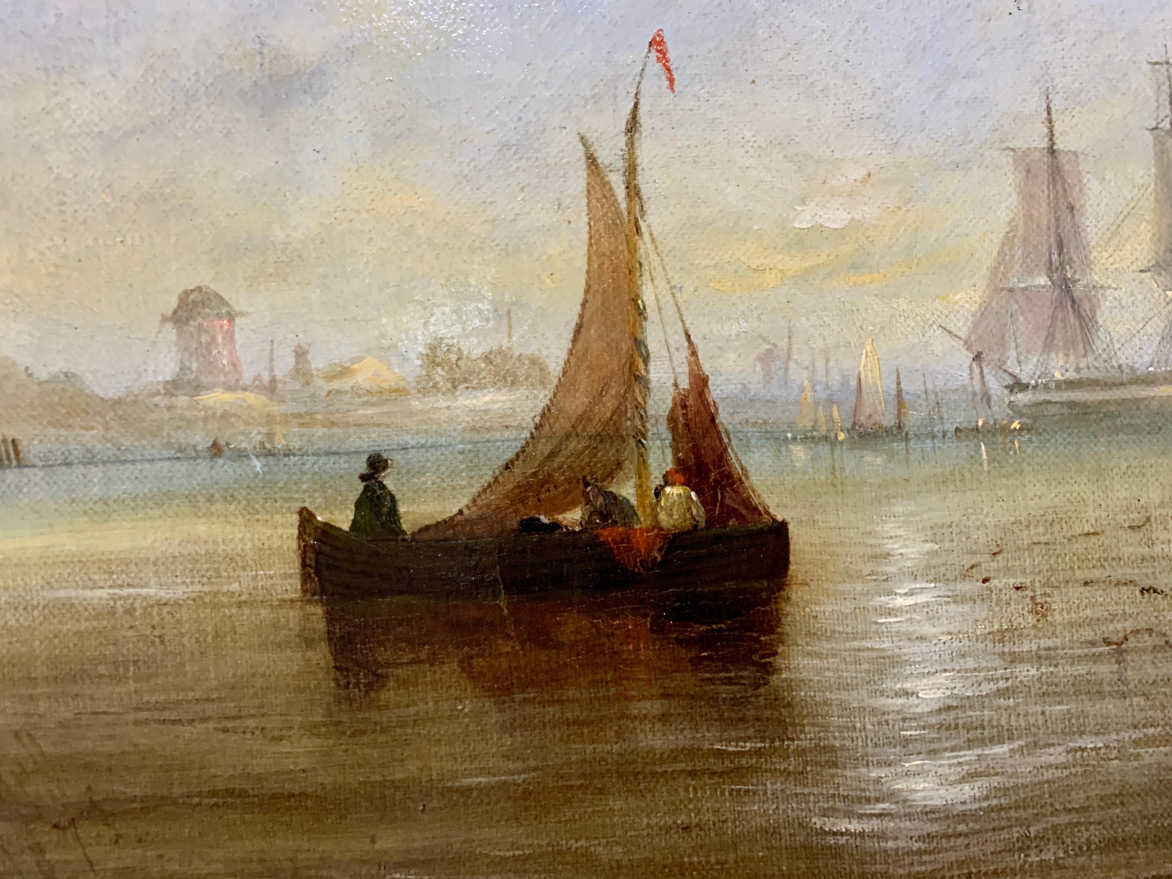 English 19th century Antique oil of fishing boats at rest with a Sunset,  2