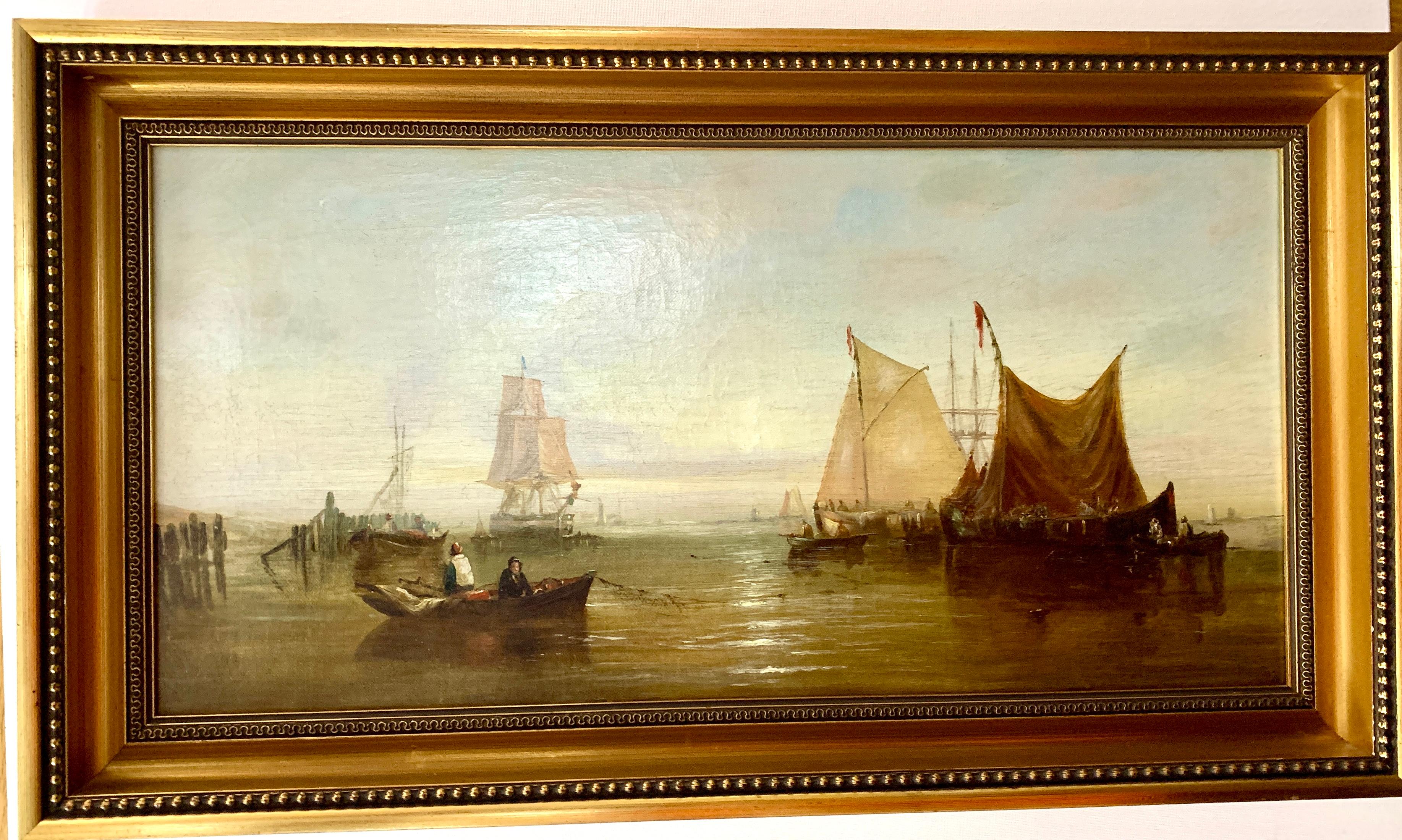 William Calcott Knell Figurative Painting - English 19th century Antique oil of fishing boats at rest with a Sunset, 