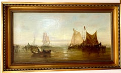 English 19th century Antique oil of fishing boats at rest with a Sunset, 