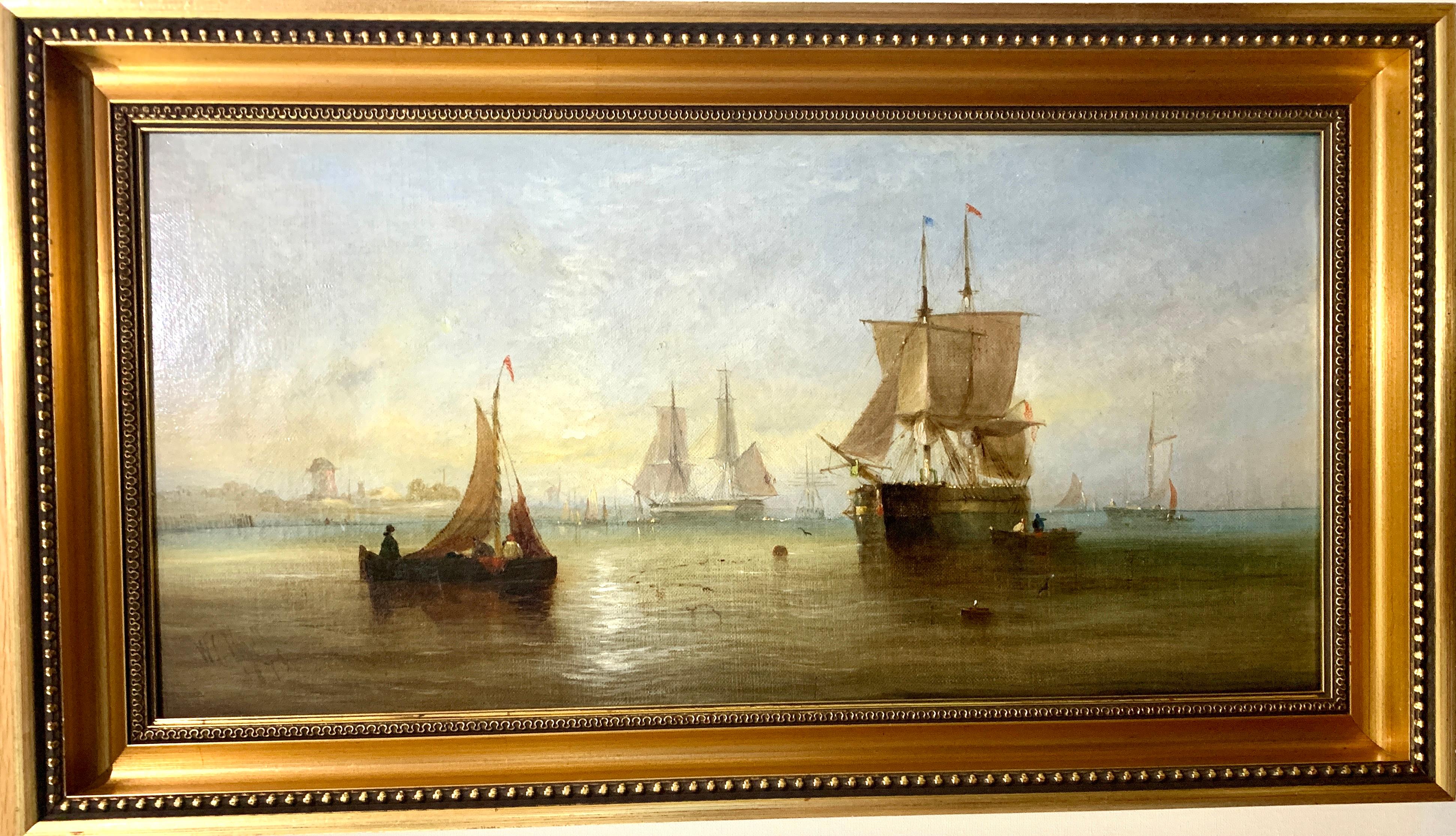 William Calcott Knell Landscape Painting - English 19th century Antique oil of fishing boats at rest with a Sunset, 