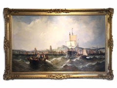 Antique Oil Painting Canvas by William Calcott Knell Stormy Fishing Scene