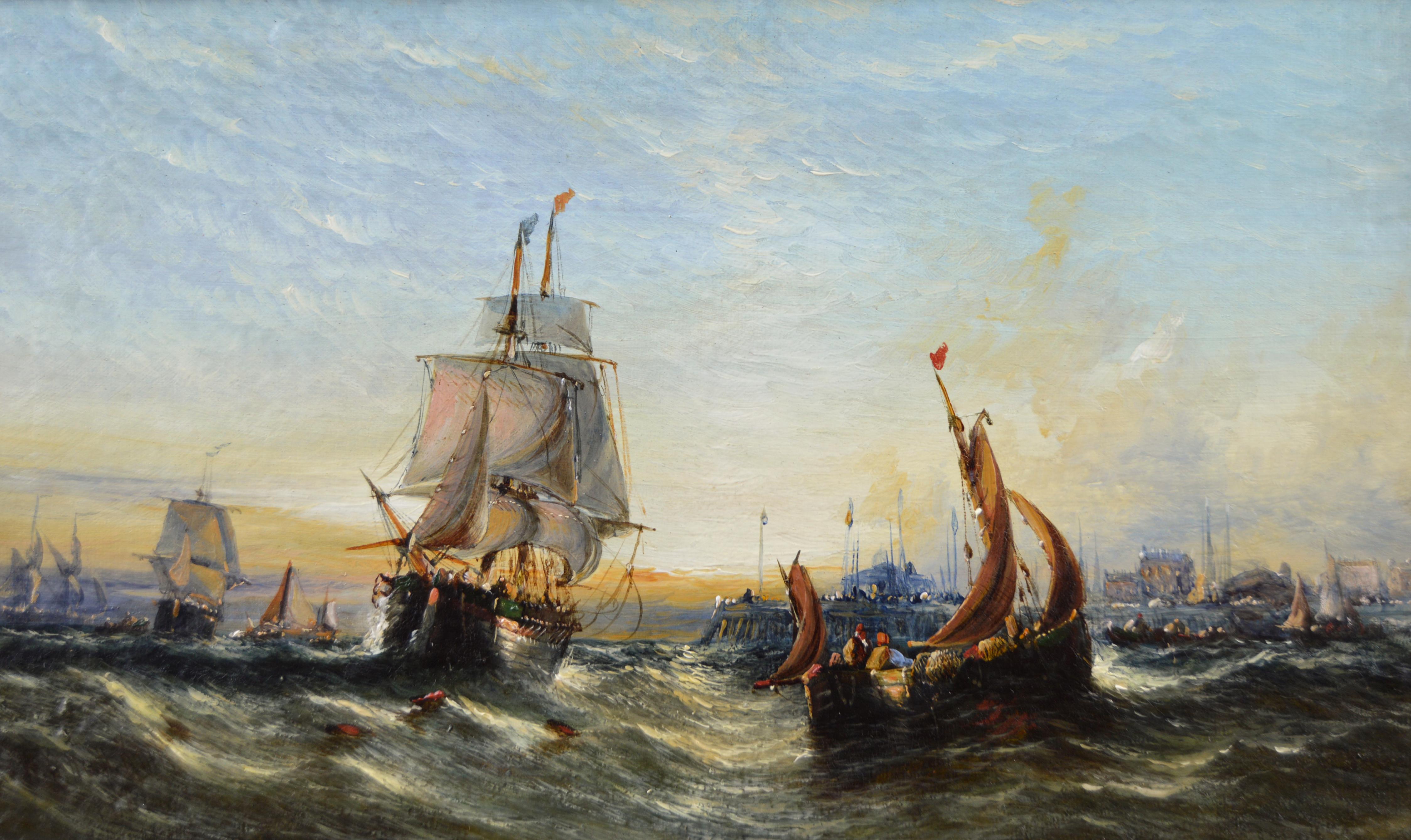 Pair of 19th Century marine oil paintings of ships at sea - Victorian Painting by William Calcott Knell