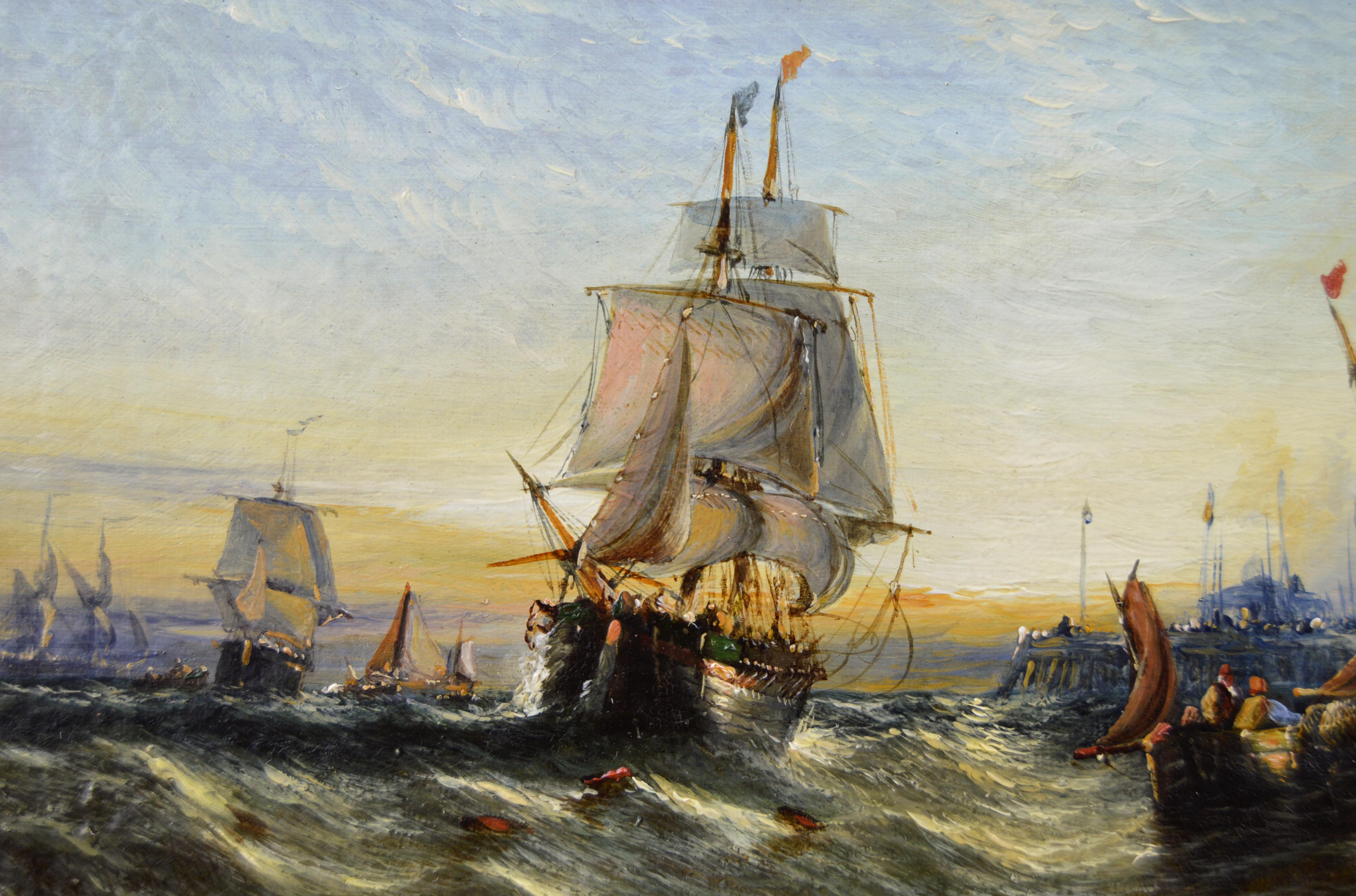 Pair of 19th Century marine oil paintings of ships at sea - Brown Landscape Painting by William Calcott Knell