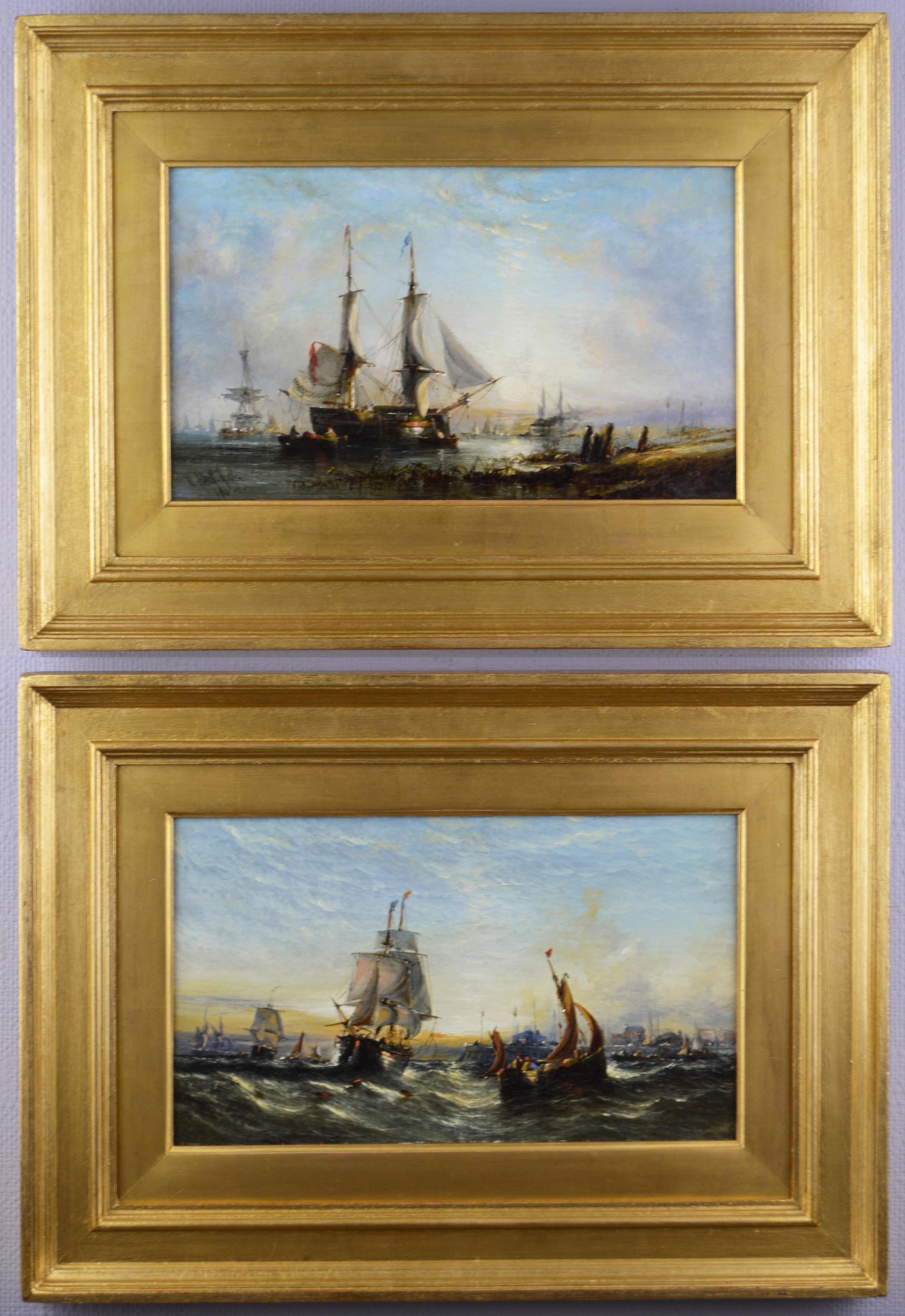 William Calcott Knell Landscape Painting - Pair of 19th Century marine oil paintings of ships at sea