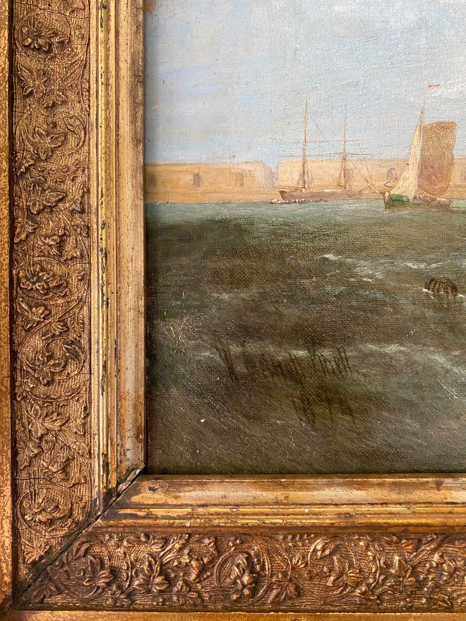 William Calcott Knell (1830 - 1880)
Extensive view of Portsmouth Harbour with vessels under sail
Signed and dated '1874' bottom left
Oil on canvas
23½ x 11½ inches
29 x  17¼ inches with the frame

William Calcott Knell was a celebrated maritime