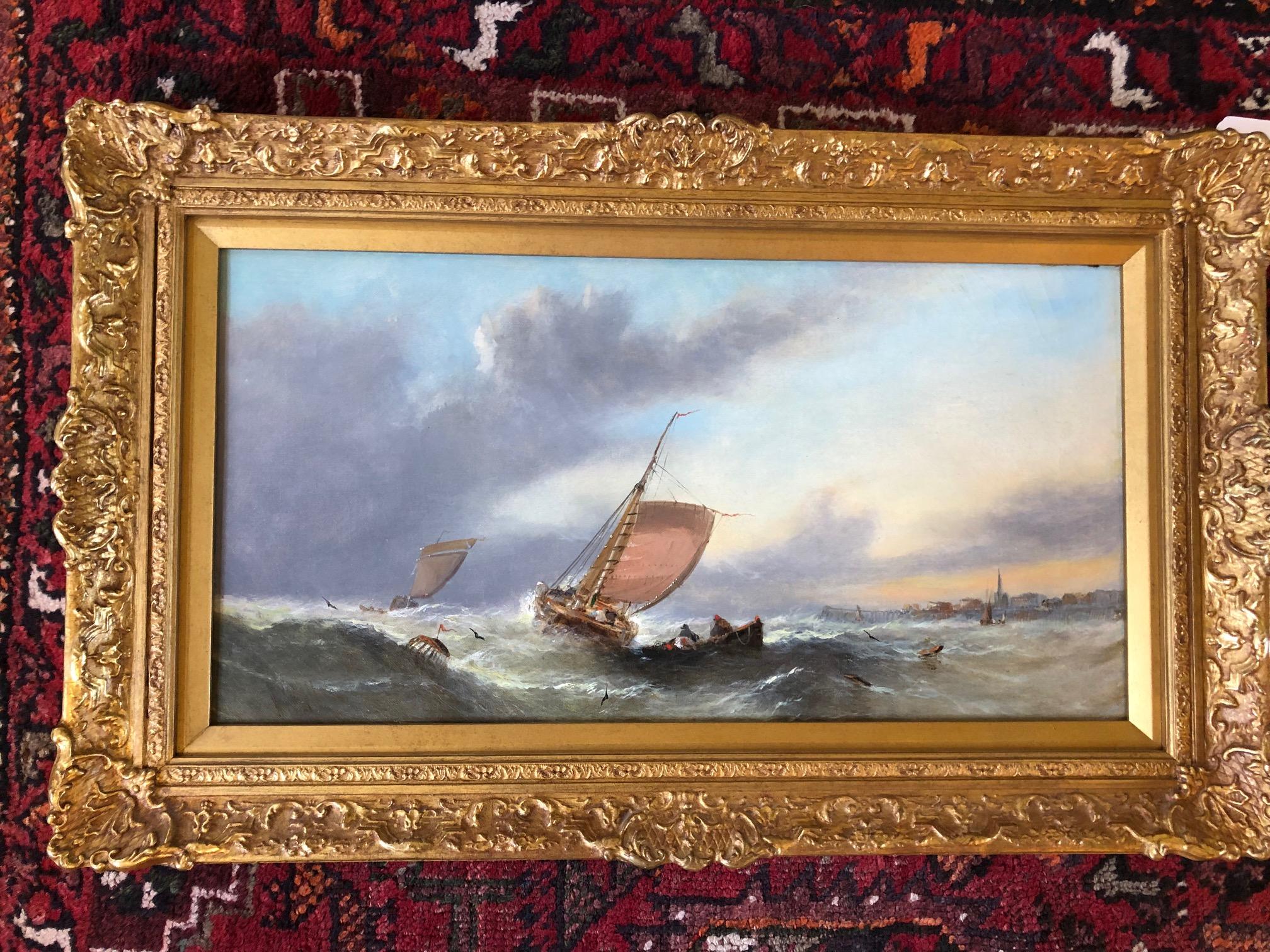 Bateaux de pêche au large de la côte au lever du soleil - Magnifique peinture à l'huile de William Callcott Knell, l'un des artistes les plus talentueux de la célèbre société d'art contemporain.  La famille Knell.

La taille du cadre est de  16 par