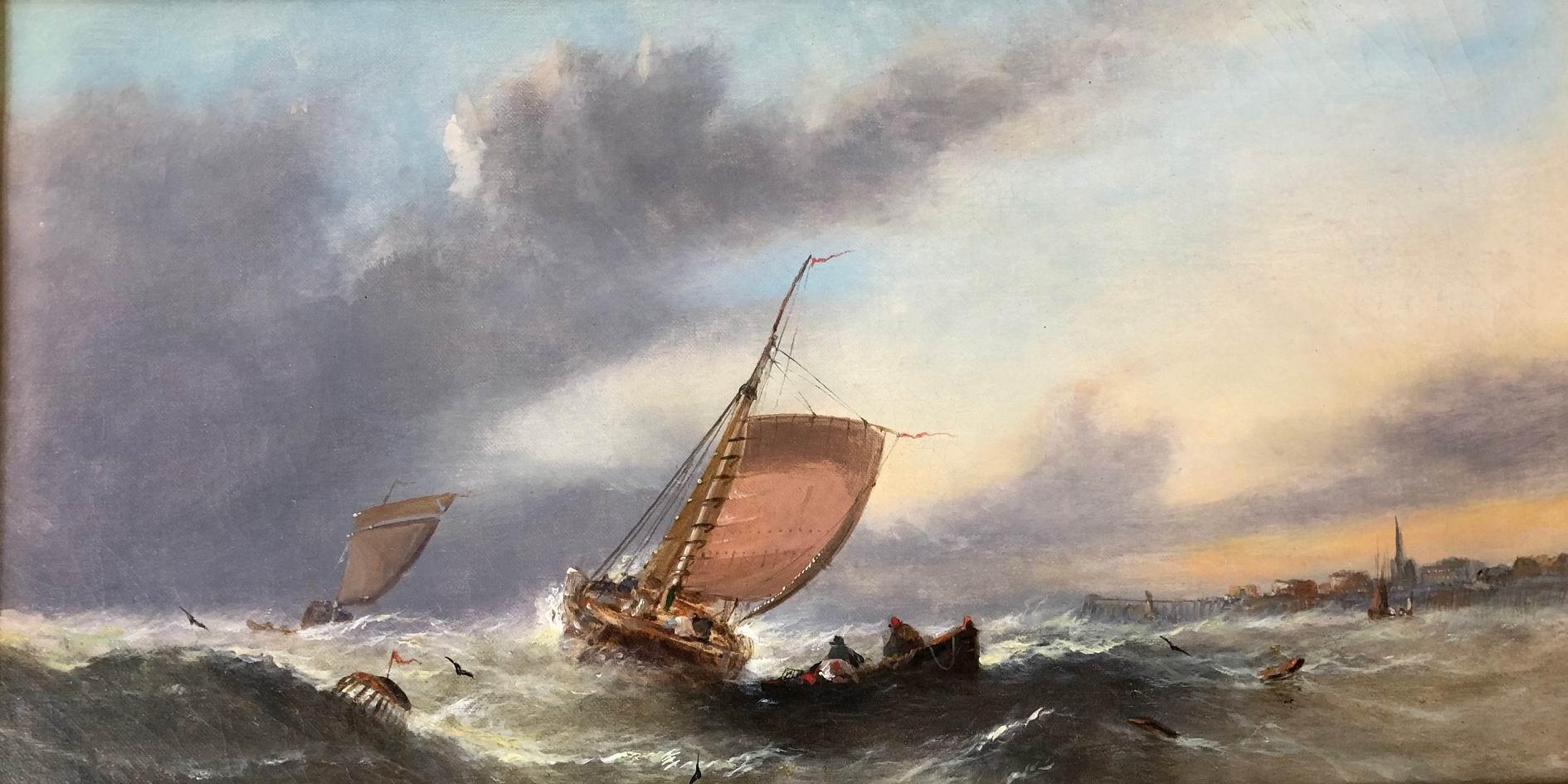 Peinture à l'huile de grande taille « Fishermen off the Coast in Choppy Seas at Sunrise »