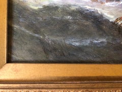 Victorian Marine Oil Painting Boats off the Coast in Choppy Seas at Sunrise