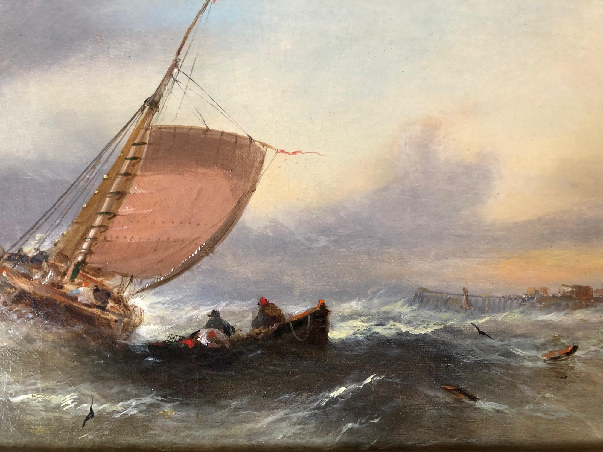 Pittura ad olio Marin vittoriana Barche al largo della costa in un mare agitato all'alba - Painting Vittoriano di william callcott knell