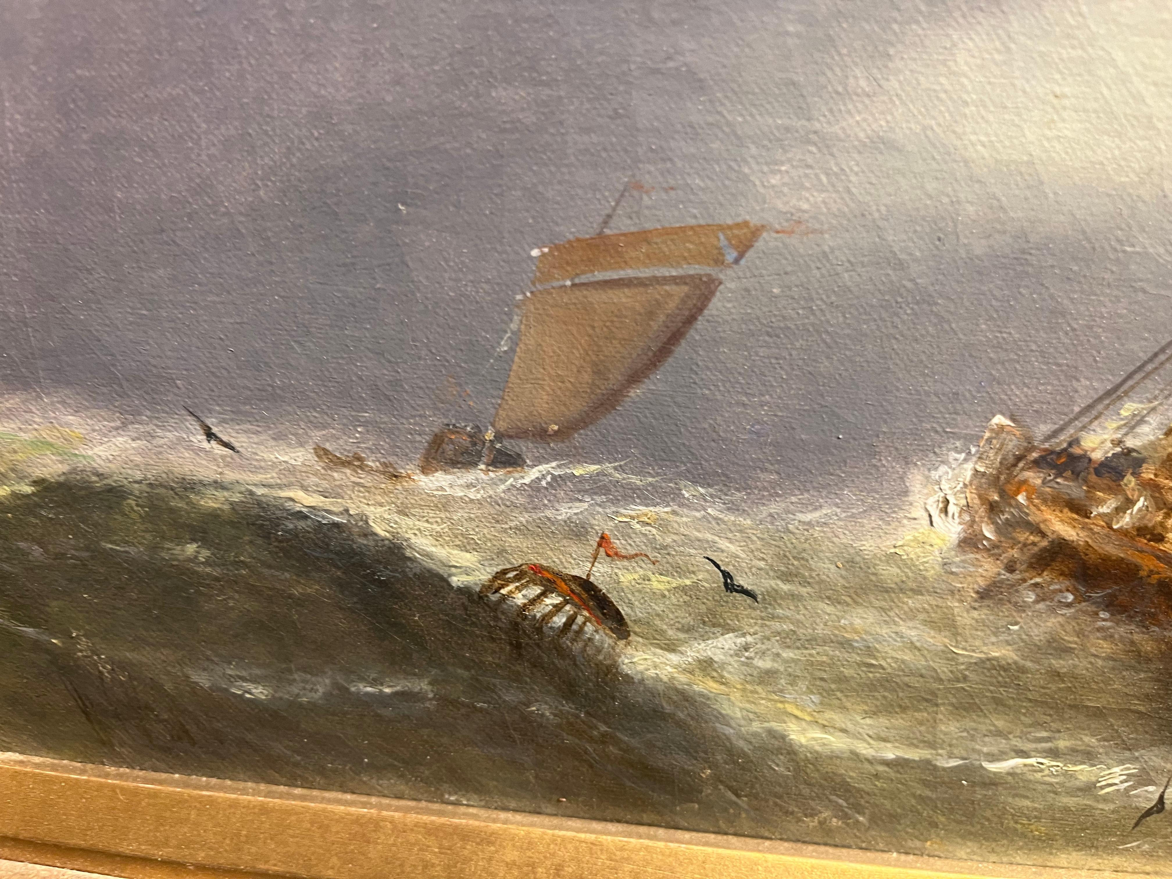 Viktorianisches Marinegemälde, Ölgemälde Boote vor der Küste in Mohnblumensee bei Sonnenaufgang, viktorianisch im Angebot 2