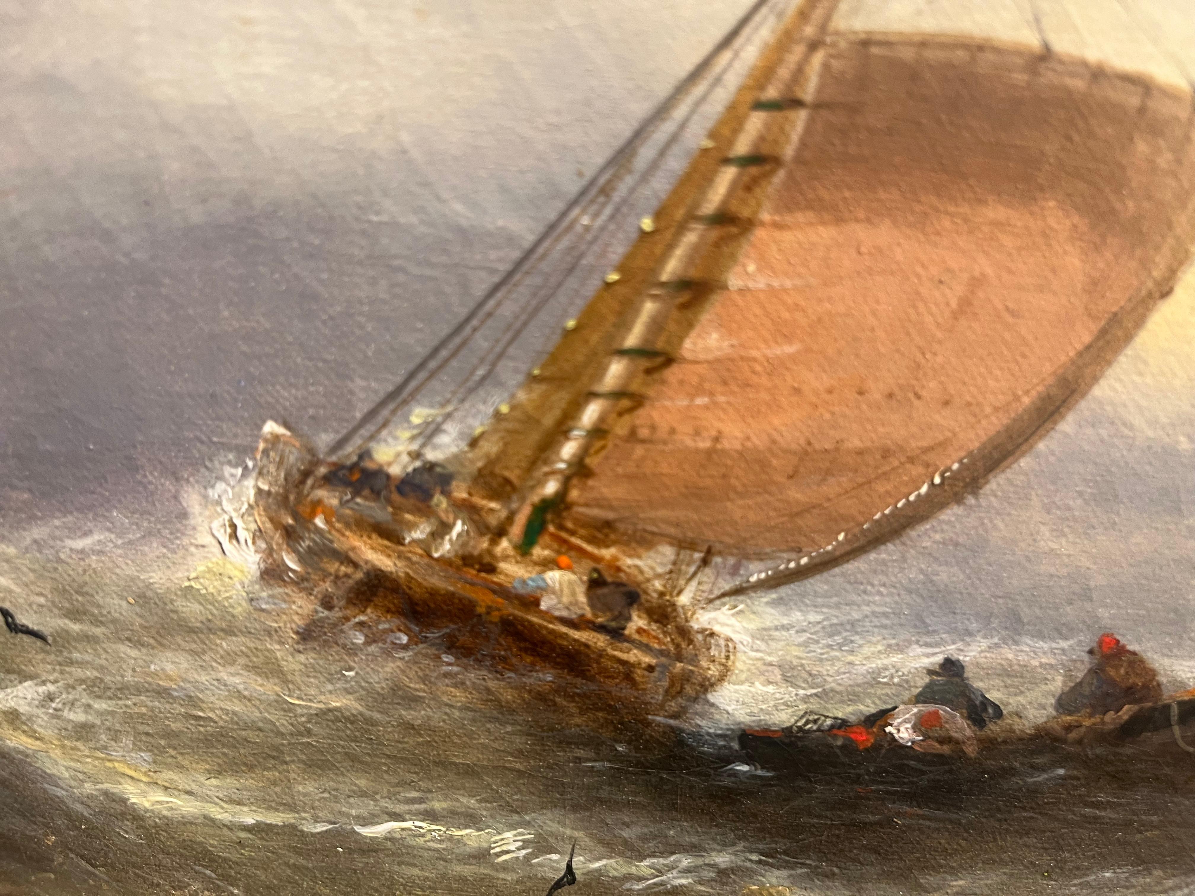 Viktorianisches Marinegemälde, Ölgemälde Boote vor der Küste in Mohnblumensee bei Sonnenaufgang, viktorianisch im Angebot 3