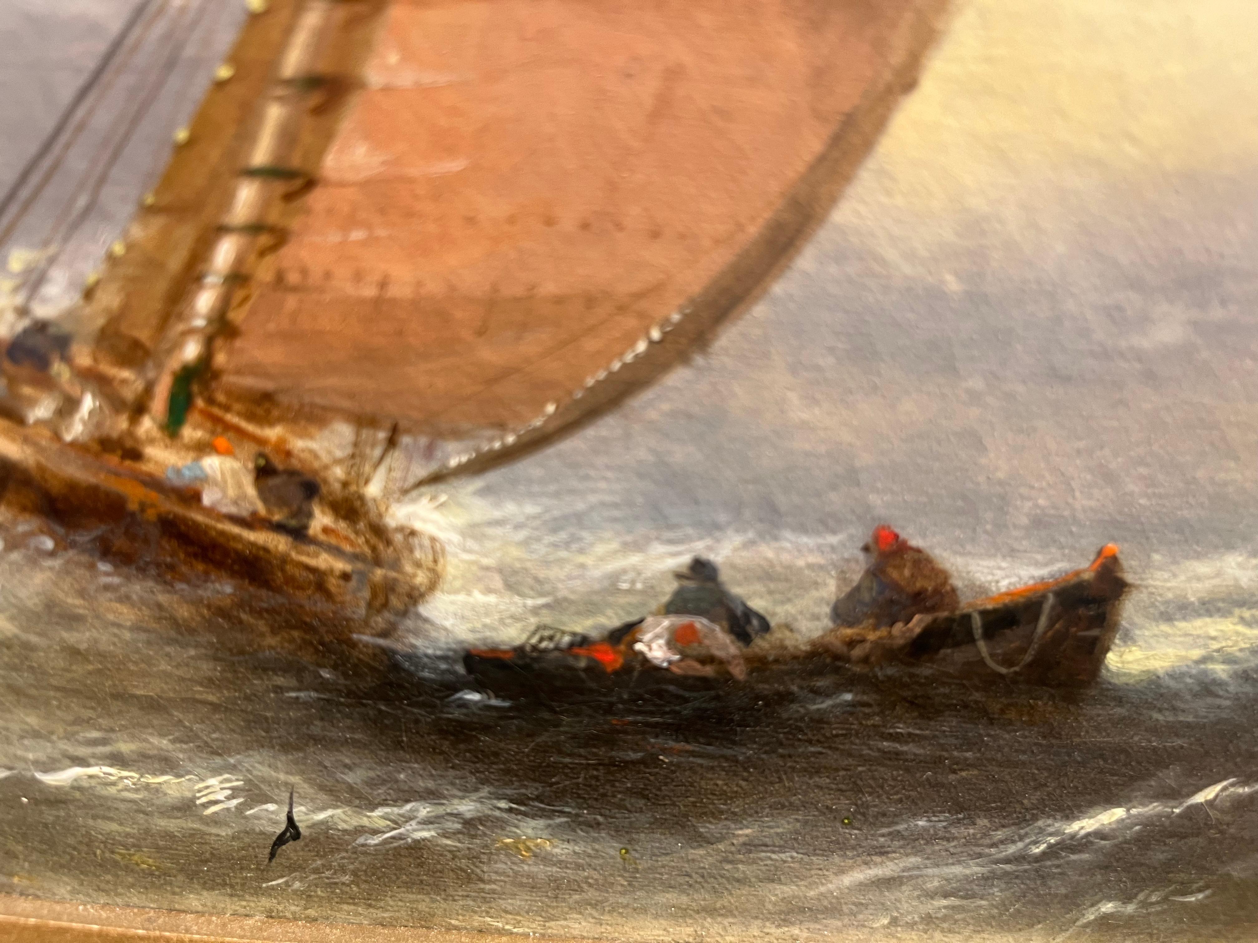 Viktorianisches Marinegemälde, Ölgemälde Boote vor der Küste in Mohnblumensee bei Sonnenaufgang, viktorianisch im Angebot 4