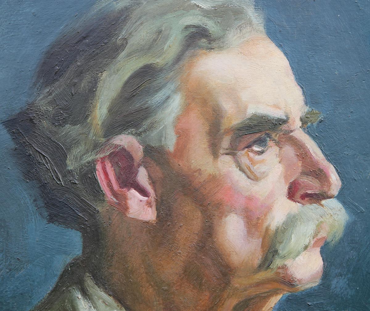 Teal toned realistic portrait of Albert Schweitzer, M.D. by William L. Carqueville. 

Albert Schweitzer was a theologian, organist, musicologist, writer, humanitarian, philosopher, and physician. A Lutheran, Schweitzer challenged both the secular