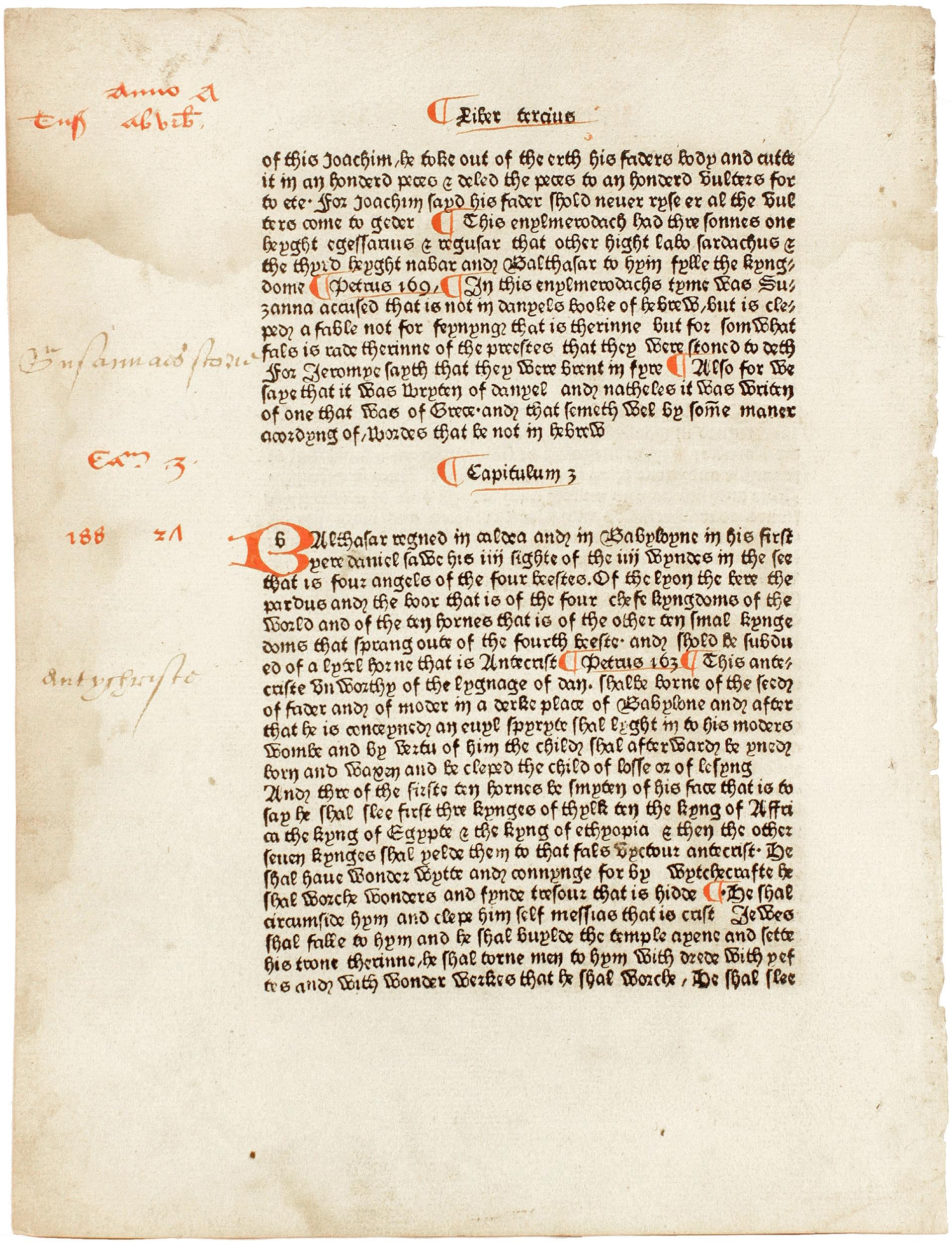 Author: Caxton, William - Higden, Ranulf (Ranulphus). 

Title: Polycronicon. (Polychronicon).

Publisher: [Westminster]: William Caxton, 1482.

Description: A single folio leaf, 27.6 cm x 20.9 cm, from Liber Tertius, 40 lines and headline,