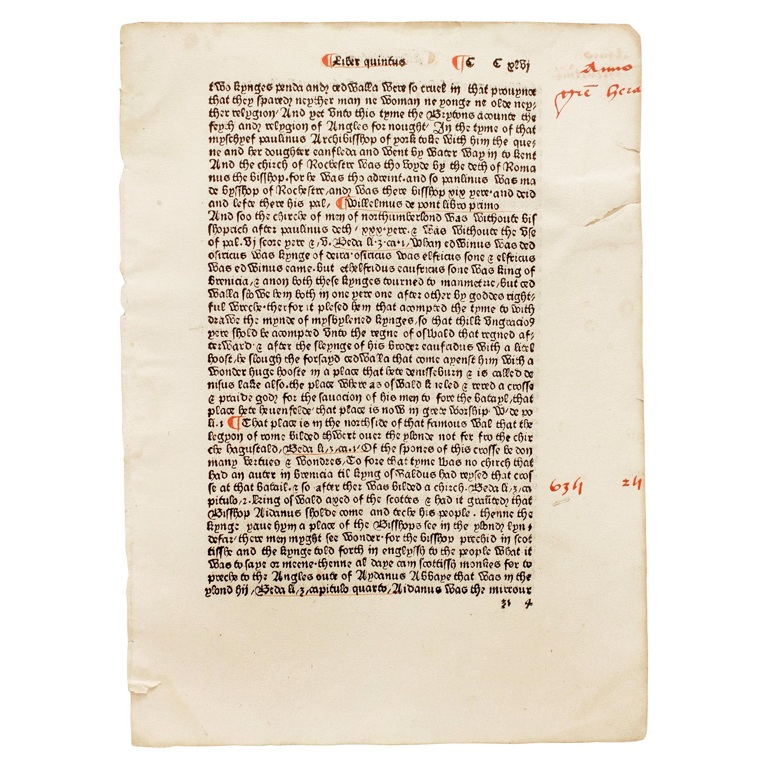 William Caxton, an Original Leaf from the Polycronicon 'Polychronicon', 1482 For Sale