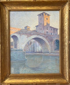 Antique Impressionist Italian Landscape of River and Villas 