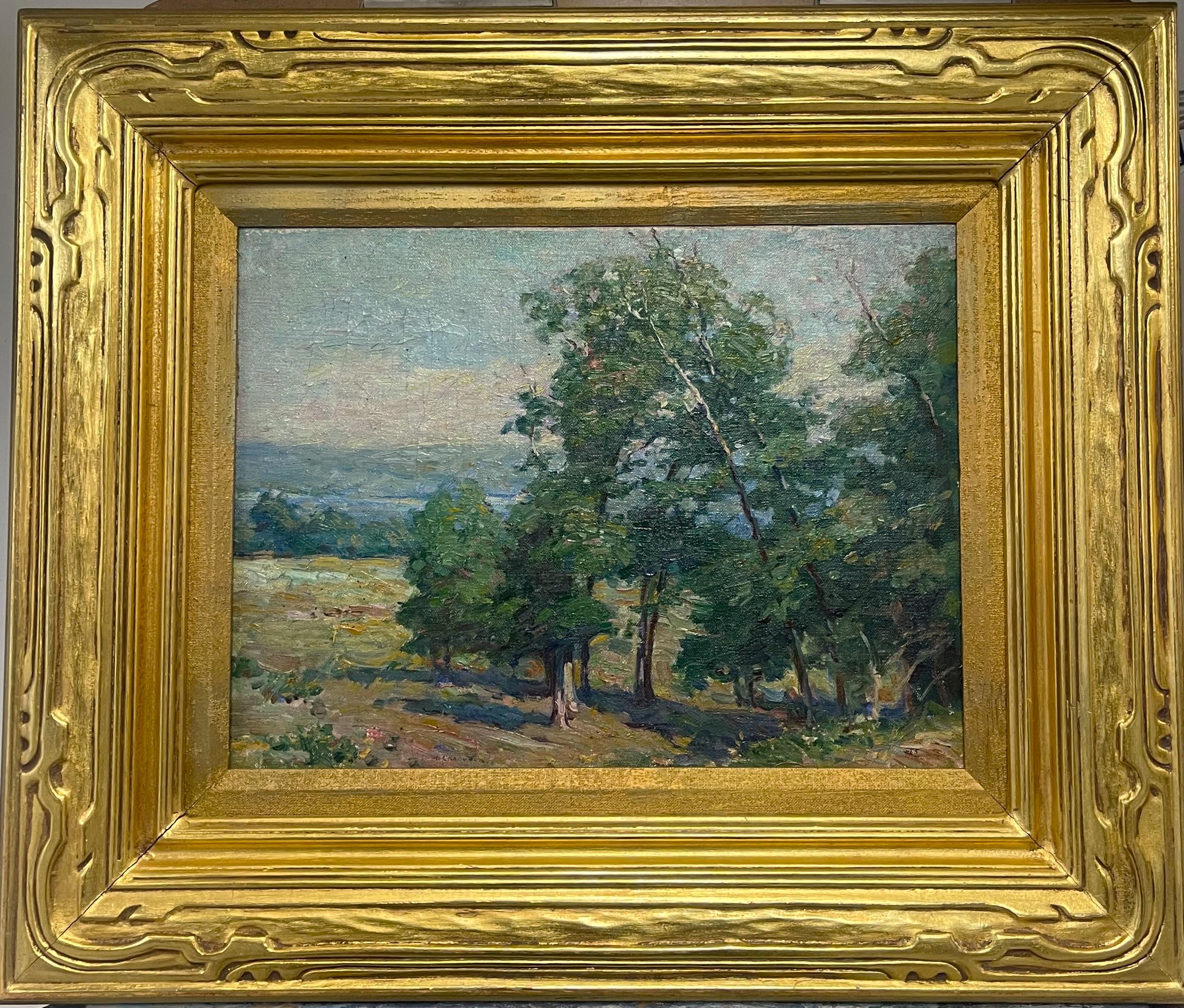 Paesaggio con alberi
Olio/Tela
 12 x 16 senza cornice, 21,5 x 25 con cornice
Il dipinto è in buone condizioni, firmato nel margine inferiore sinistro e con una crepa nelle nuvole come mostrato. Custodito in una bella cornice originale come da
