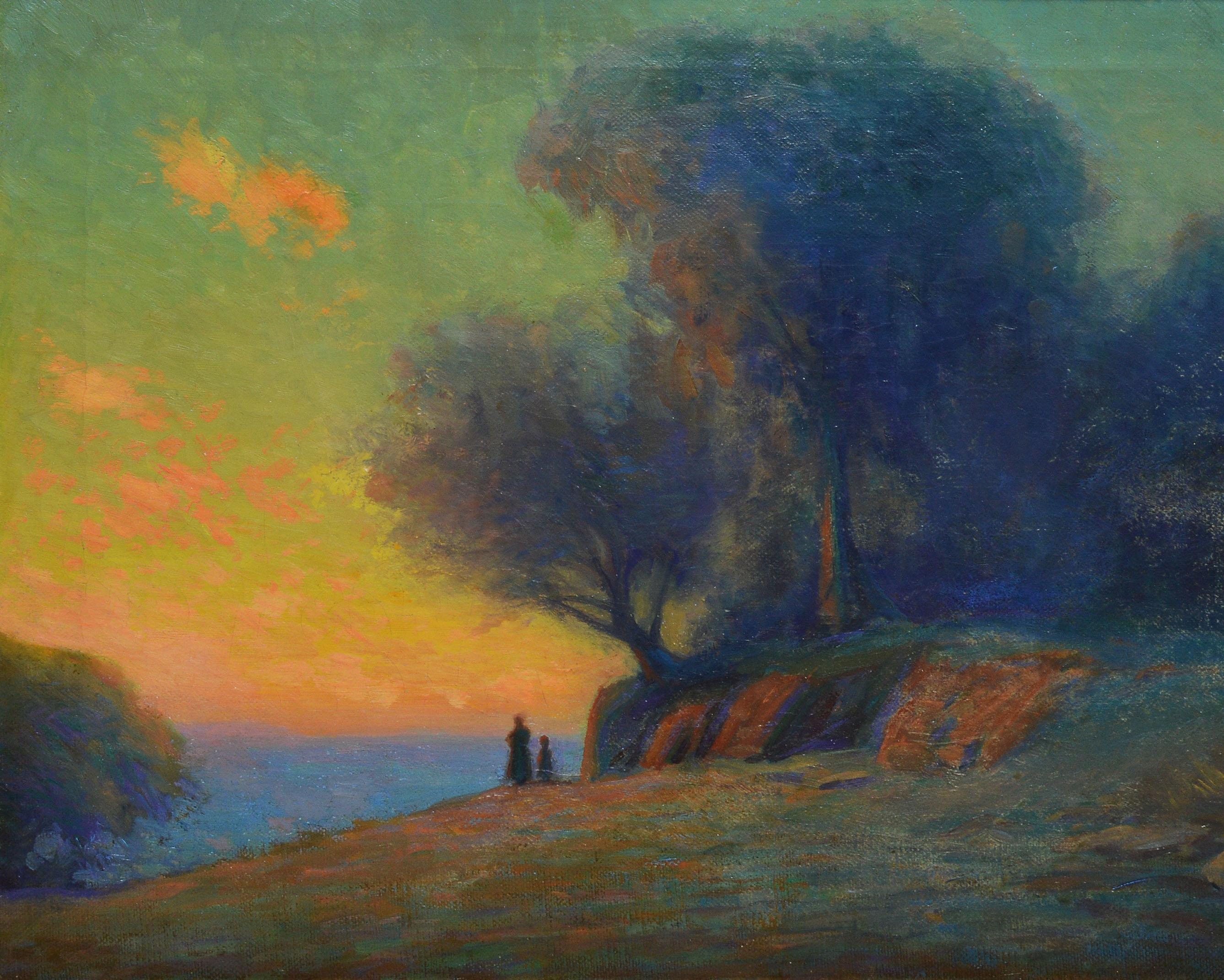 Impressionist landscape painting of a sunset with figures by William Baker  (1872 - 1958).  Oil on canvas, circa 1910.  Signed lower right.  Displayed in a giltwood frame.  Image size, 24