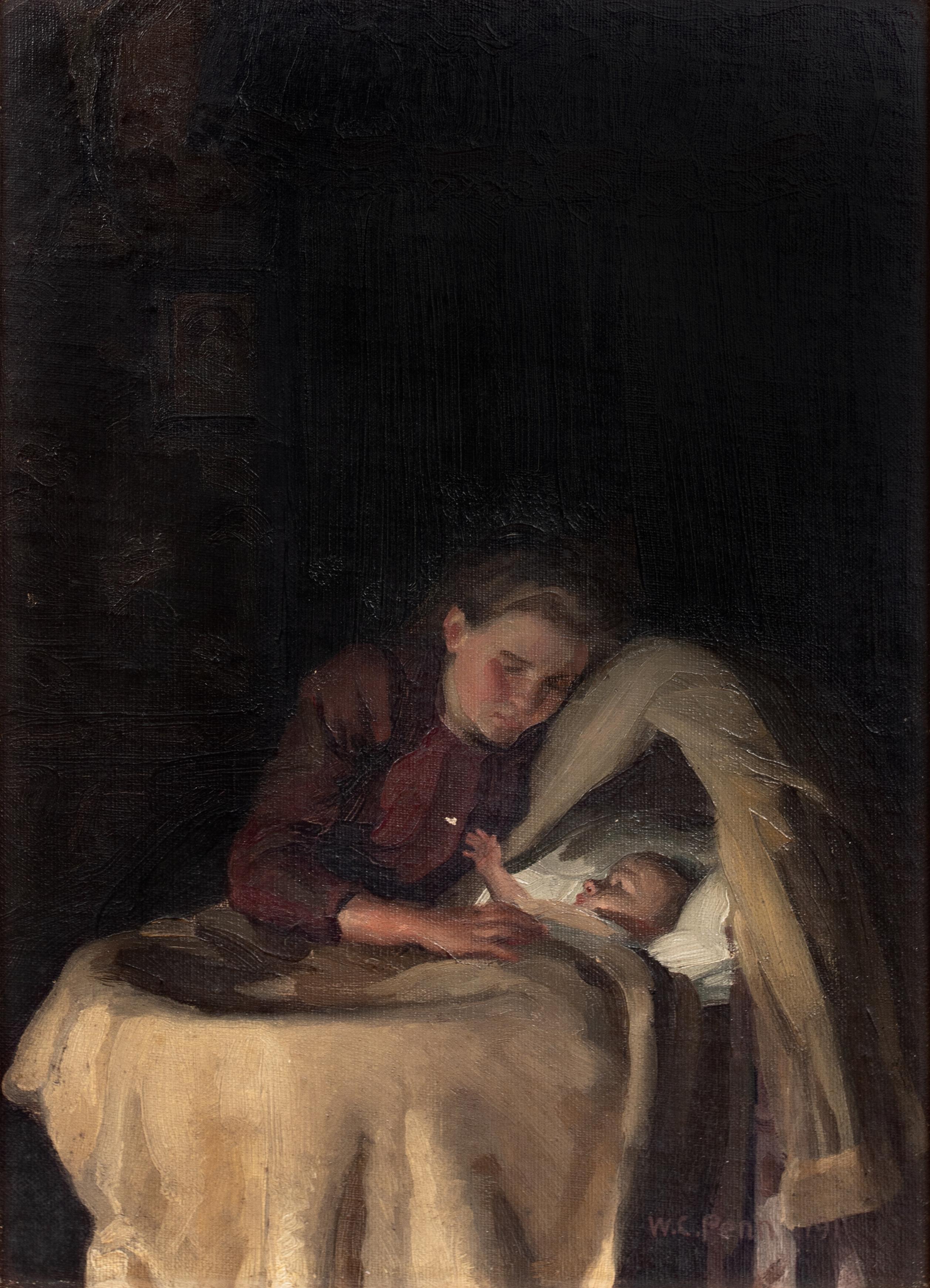 Mother & Baby, dated 1911

by WILLIAM CHARLES PENN (1877-1968)

1911 interior portrait of a mother and her baby, oil on board by William Charles Penn. Intimate interior study of a candlelit scene with a mother and her baby. Superb example of the
