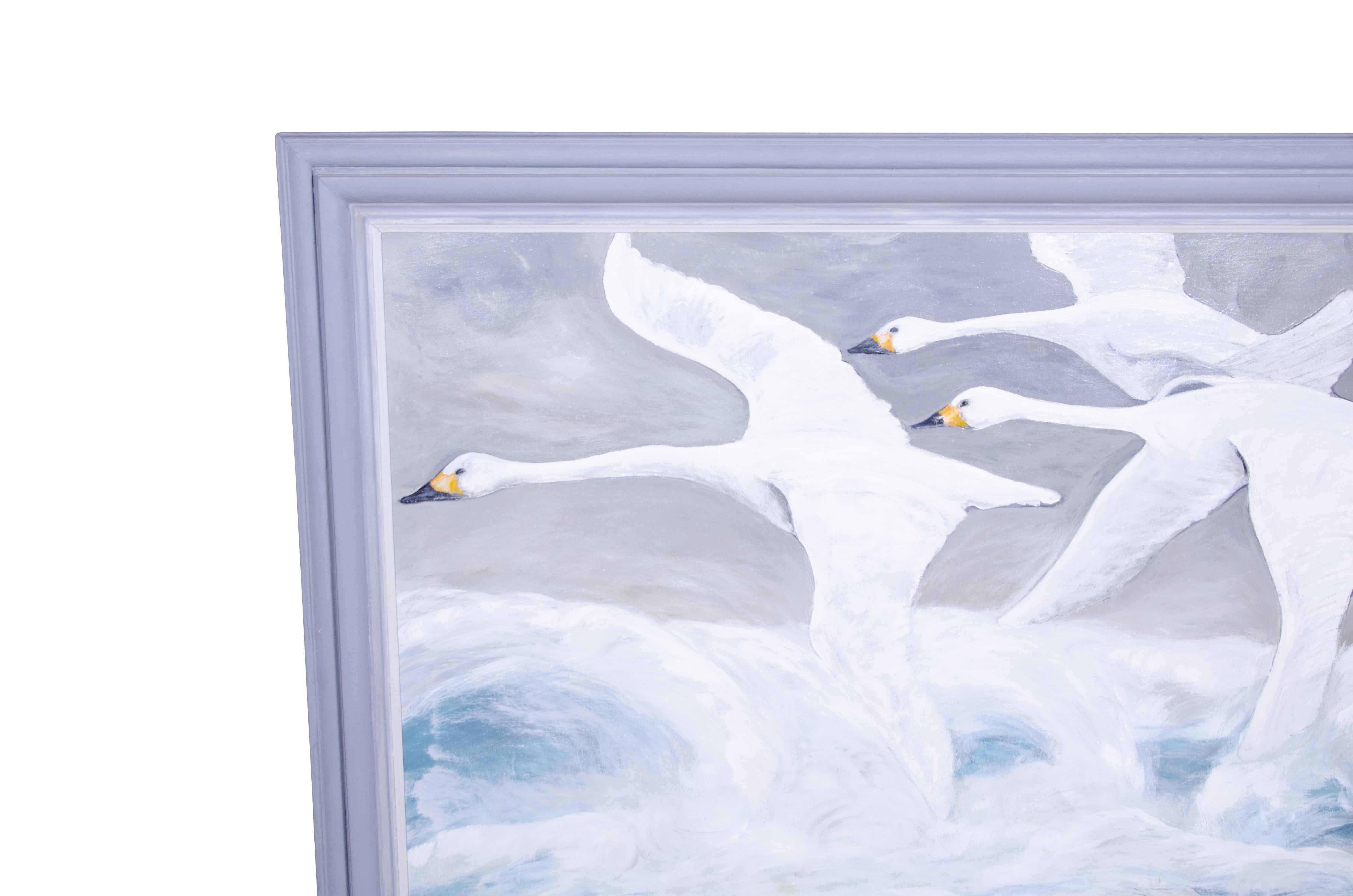 This painting hung over the mantle in a Bellevue Ave Newport RI home that recently sold for 18 million. Painted by a Newport artist William Chewning. Depicts swans flying low along the waves. Painted wood frame.