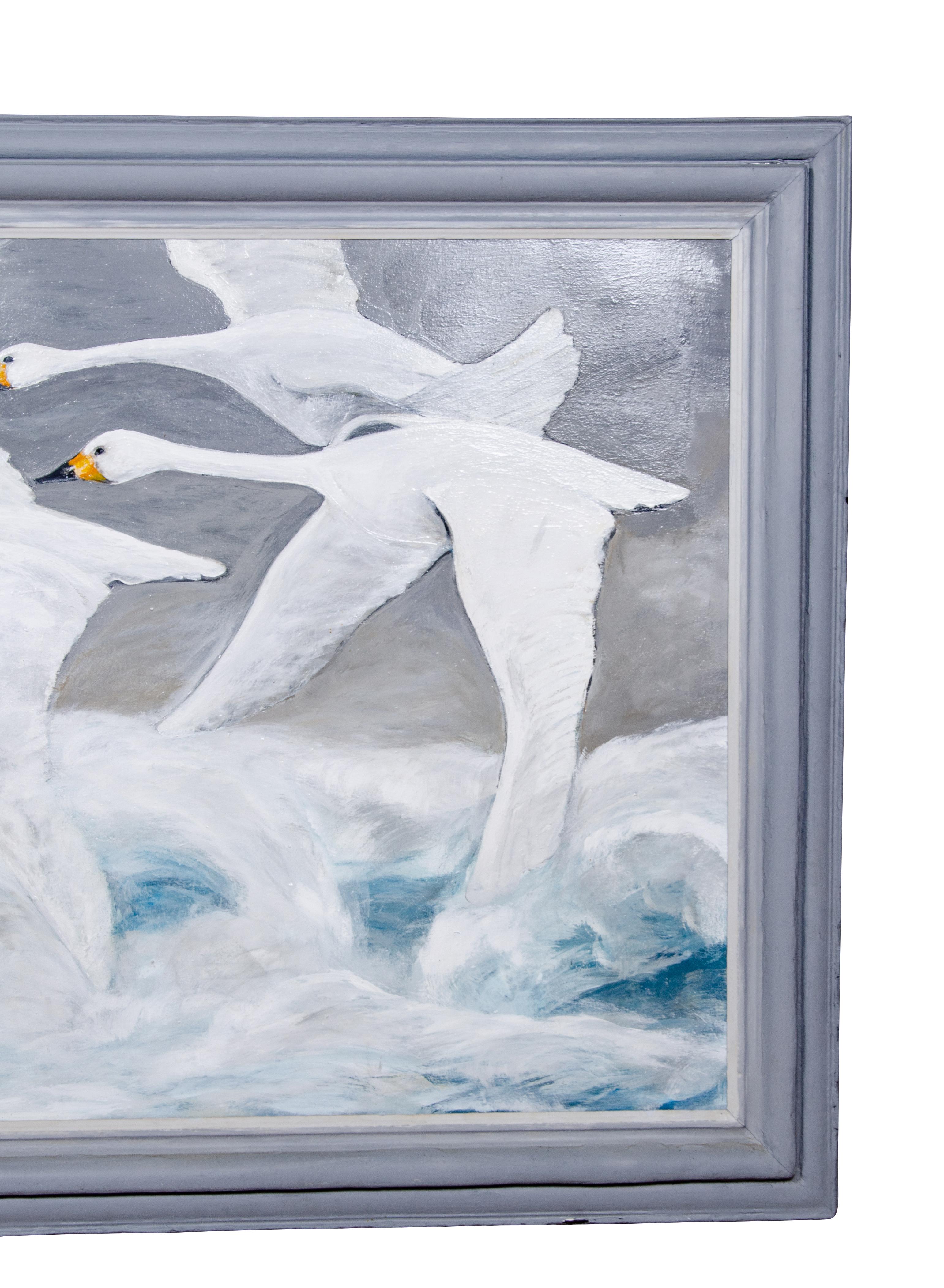 William Chewning Oil on Canvas Painting of Flying Swans In Good Condition For Sale In Essex, MA
