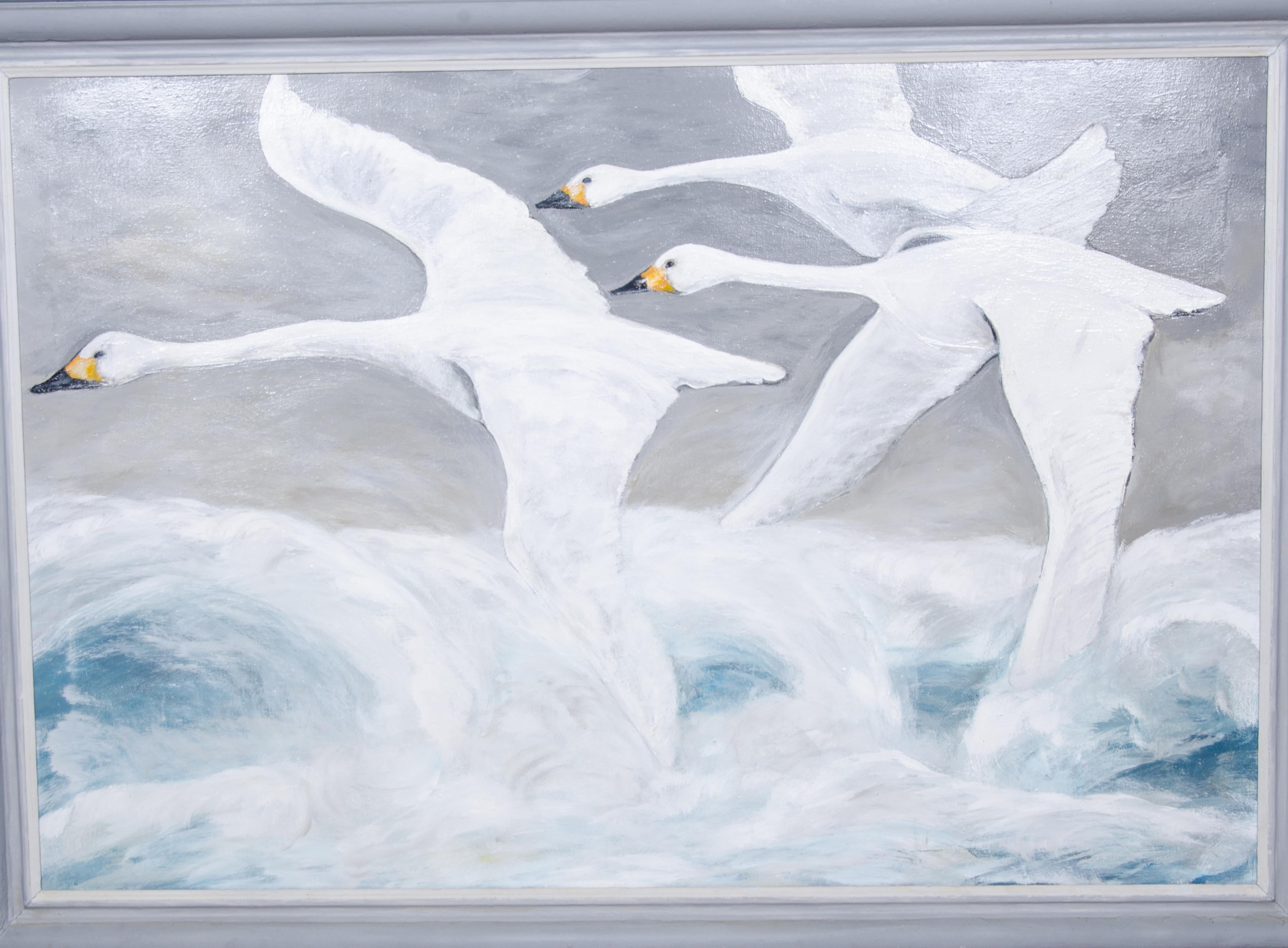 Late 20th Century William Chewning Oil on Canvas Painting of Flying Swans For Sale