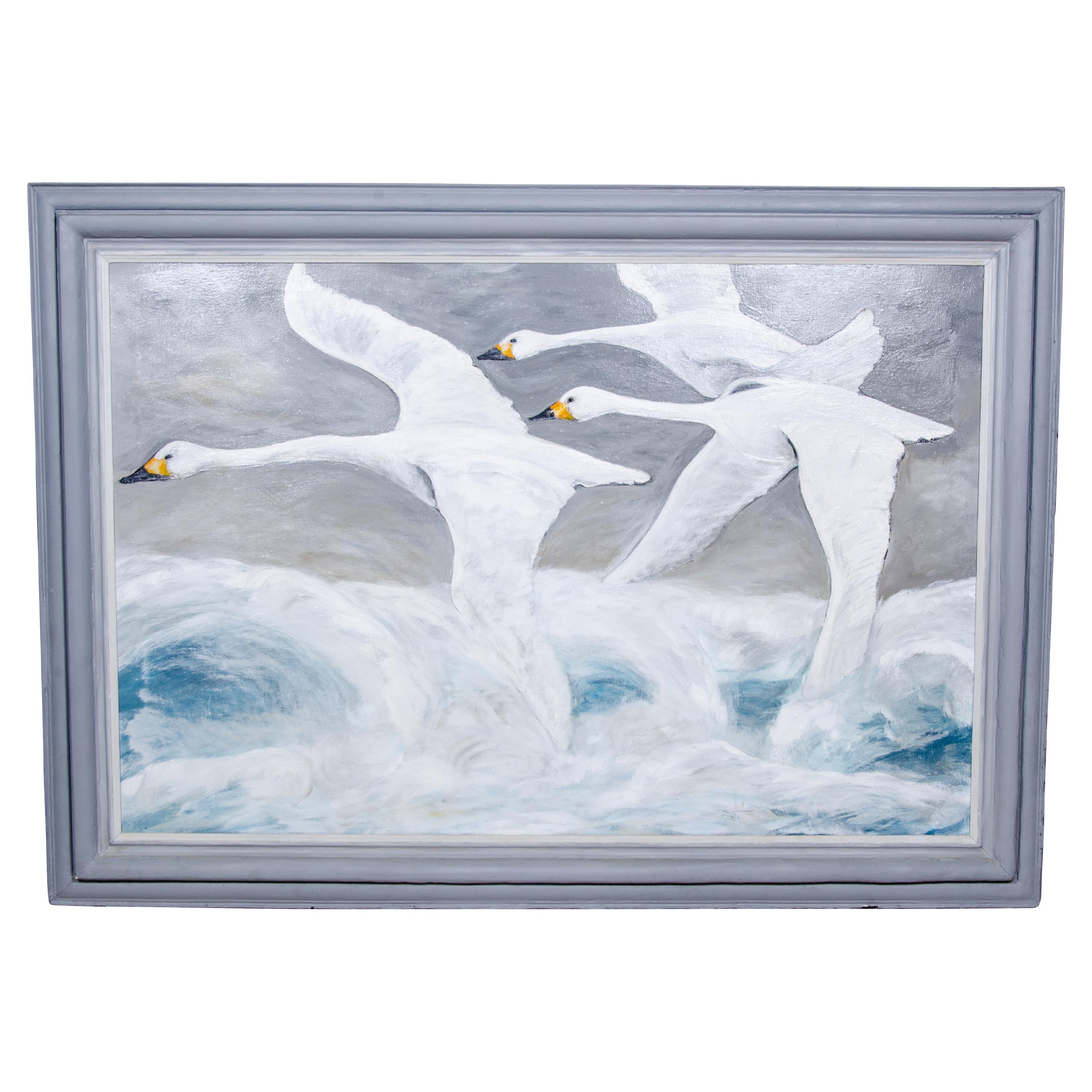 William Chewning Oil on Canvas Painting of Flying Swans