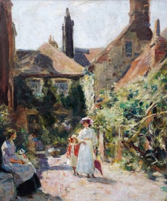 Figures Outside House - British Edwardian Impressionist figurative oil painting