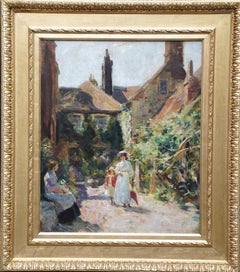 Figures Outside House - British Edwardian Impressionist figurative oil painting