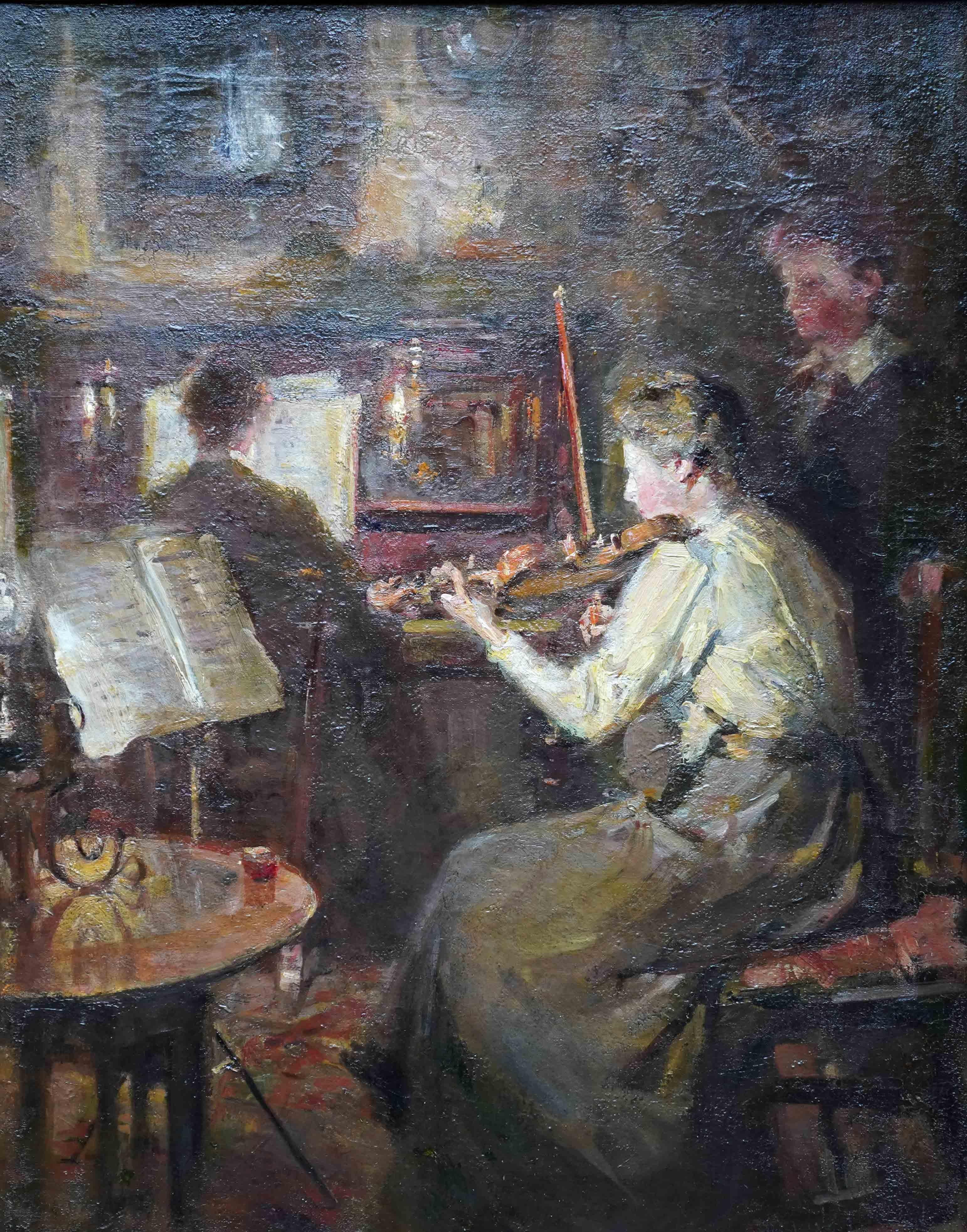 Violinist in an Interior - British Impressionist 19thC art musical oil painting - Painting by William Christian Symons