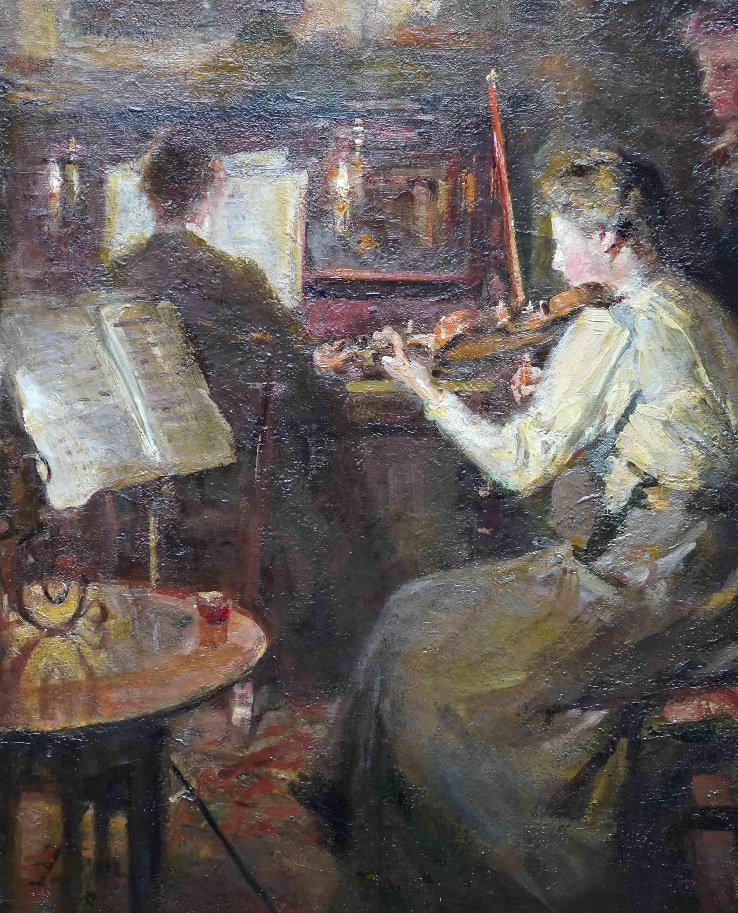 Violinista in un interno - Quadro ad olio musicale dell'arte impressionista britannica del XIX secolo - Figurative Painting Marrone di William Christian Symons