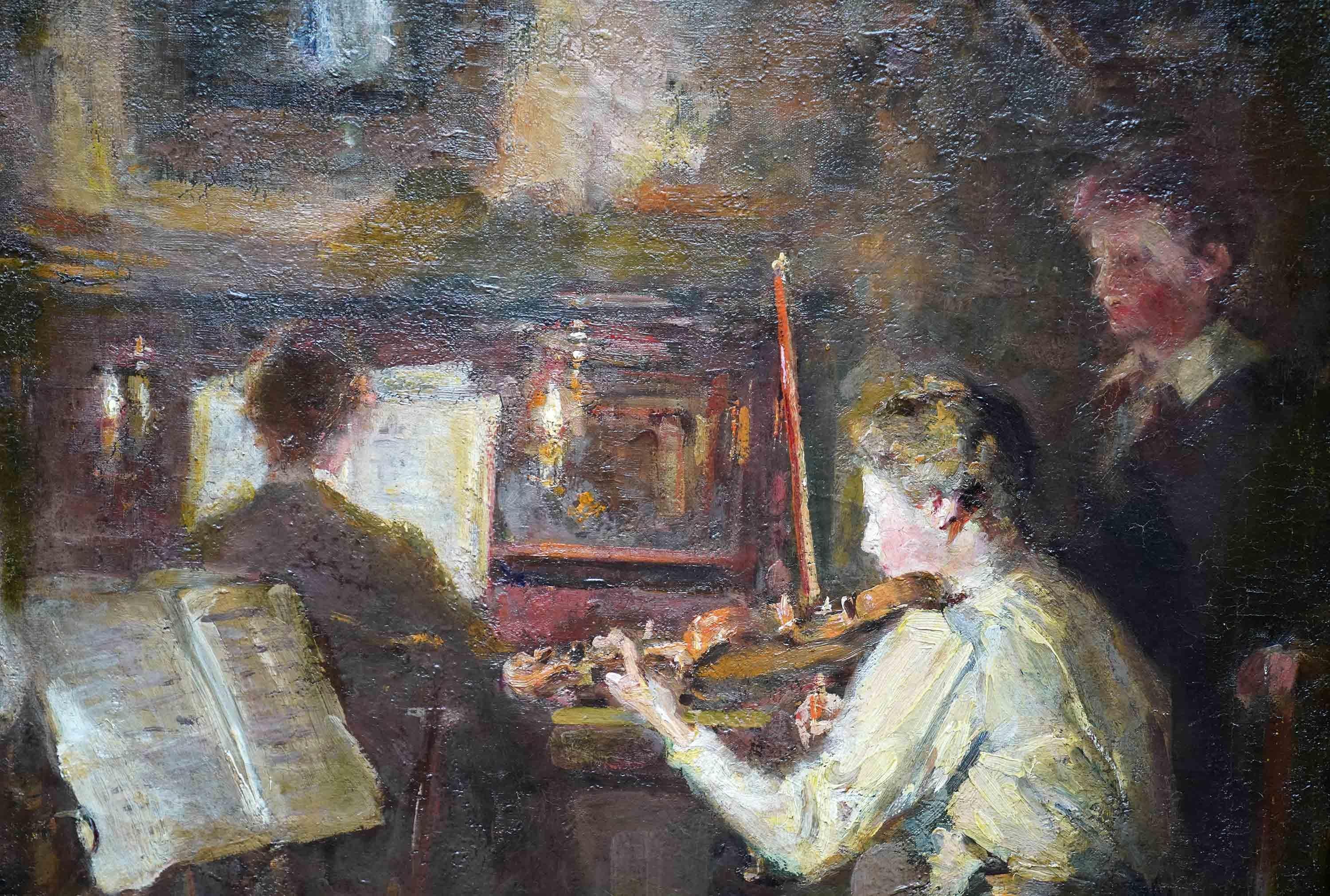 Violinist in an Interior - British Impressionist 19thC art musical oil painting For Sale 2