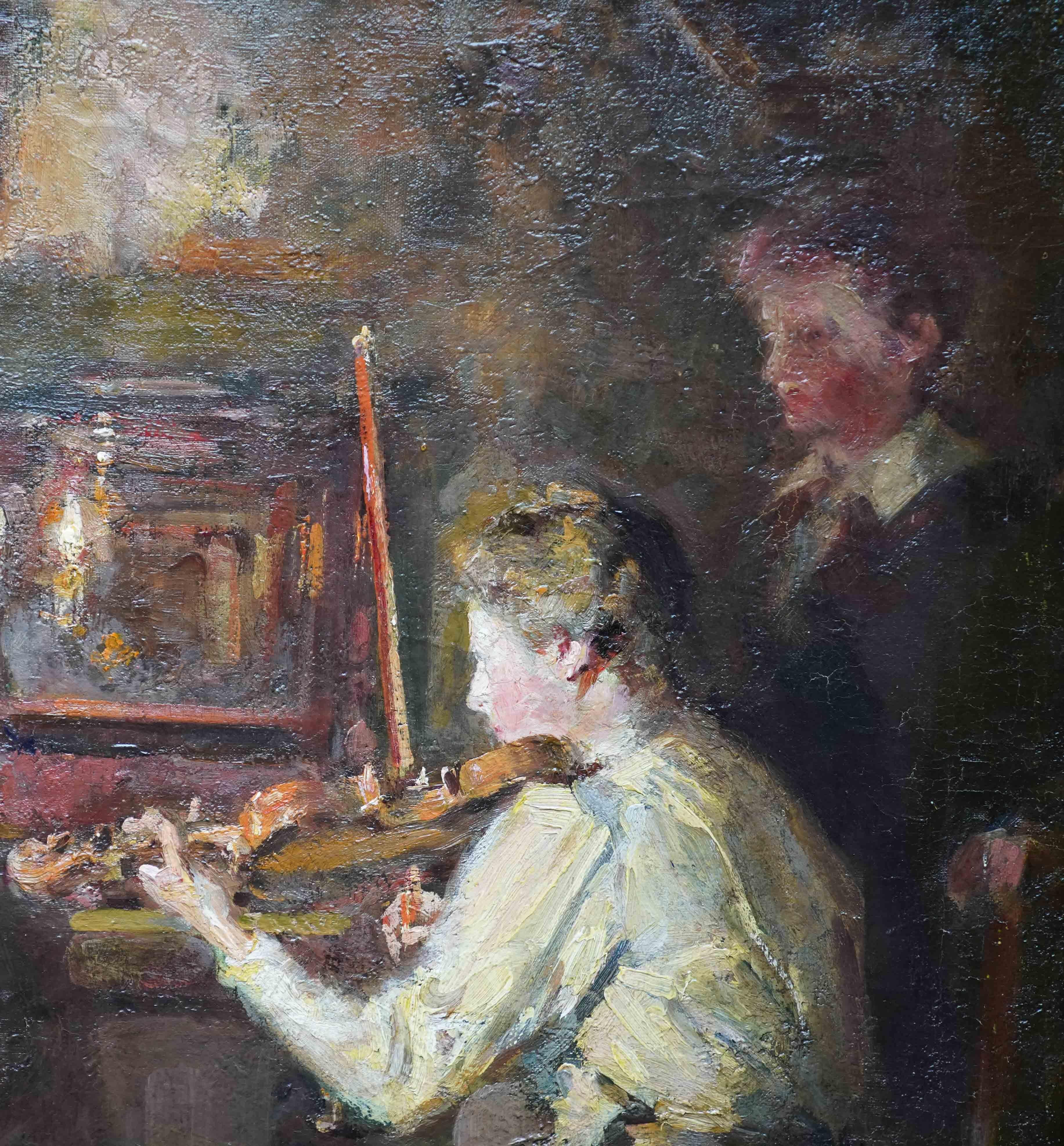 Violinista in un interno - Quadro ad olio musicale dell'arte impressionista britannica del XIX secolo in vendita 1